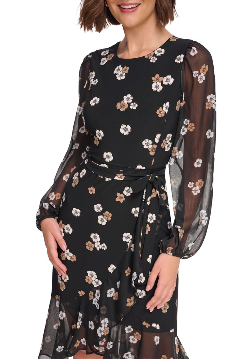 Womens Blouson Sleeve Floral Chiffon Fit and Flare Dress