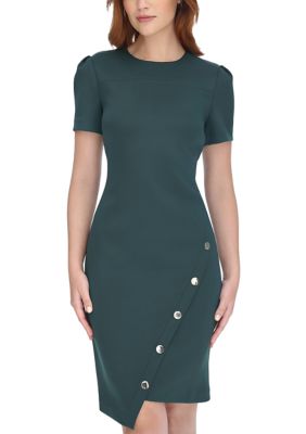 Tommy Hilfiger Women's Short Sleeve Asymmetric Studded Scuba Hem Sheath Dress, 12