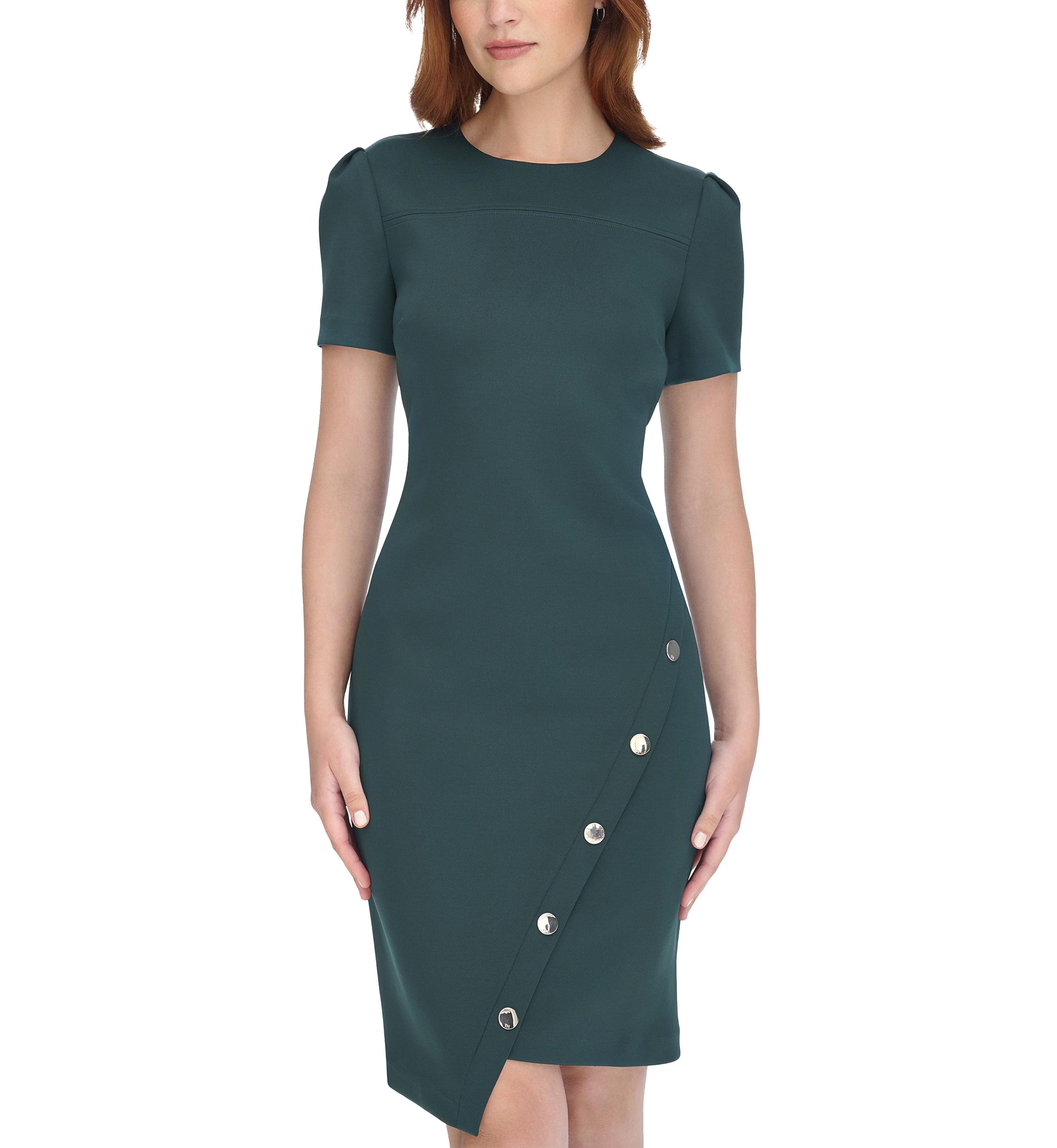 Womens Short Sleeve Asymmetric Studded Scuba Hem Sheath Dress