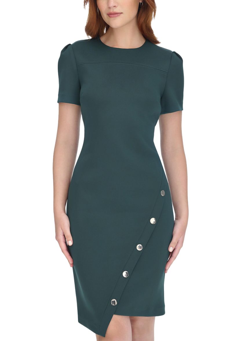 Womens Short Sleeve Asymmetric Studded Scuba Hem Sheath Dress