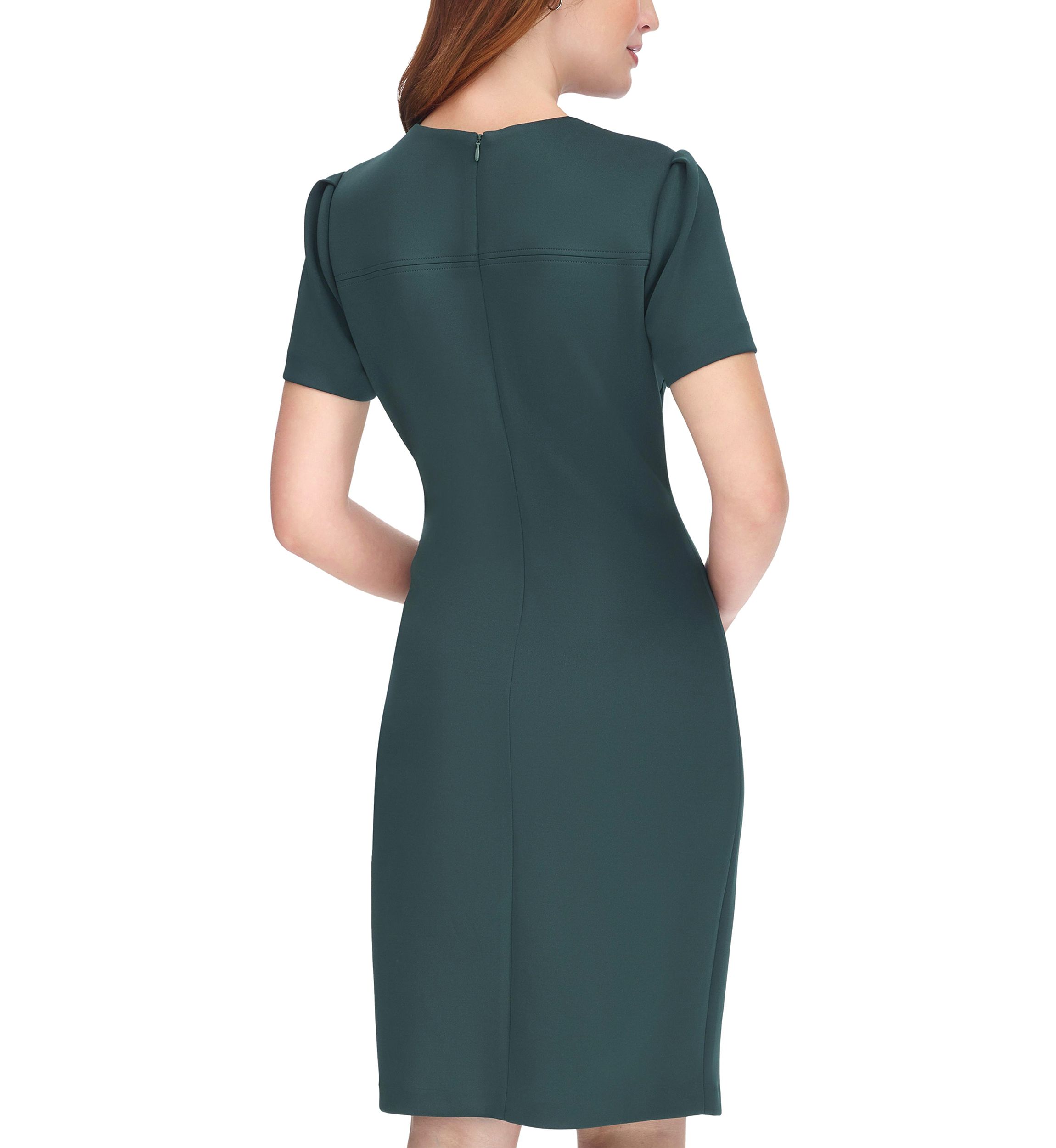 Womens Short Sleeve Asymmetric Studded Scuba Hem Sheath Dress