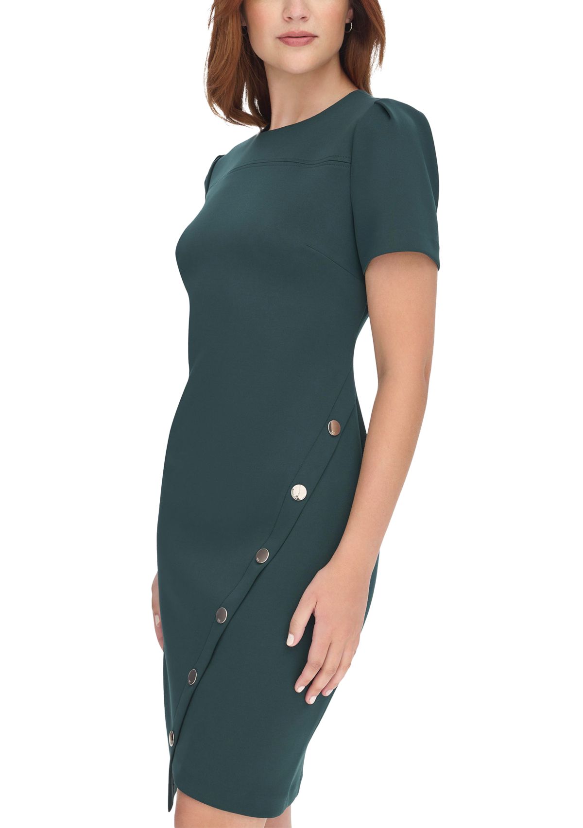 Womens Short Sleeve Asymmetric Studded Scuba Hem Sheath Dress