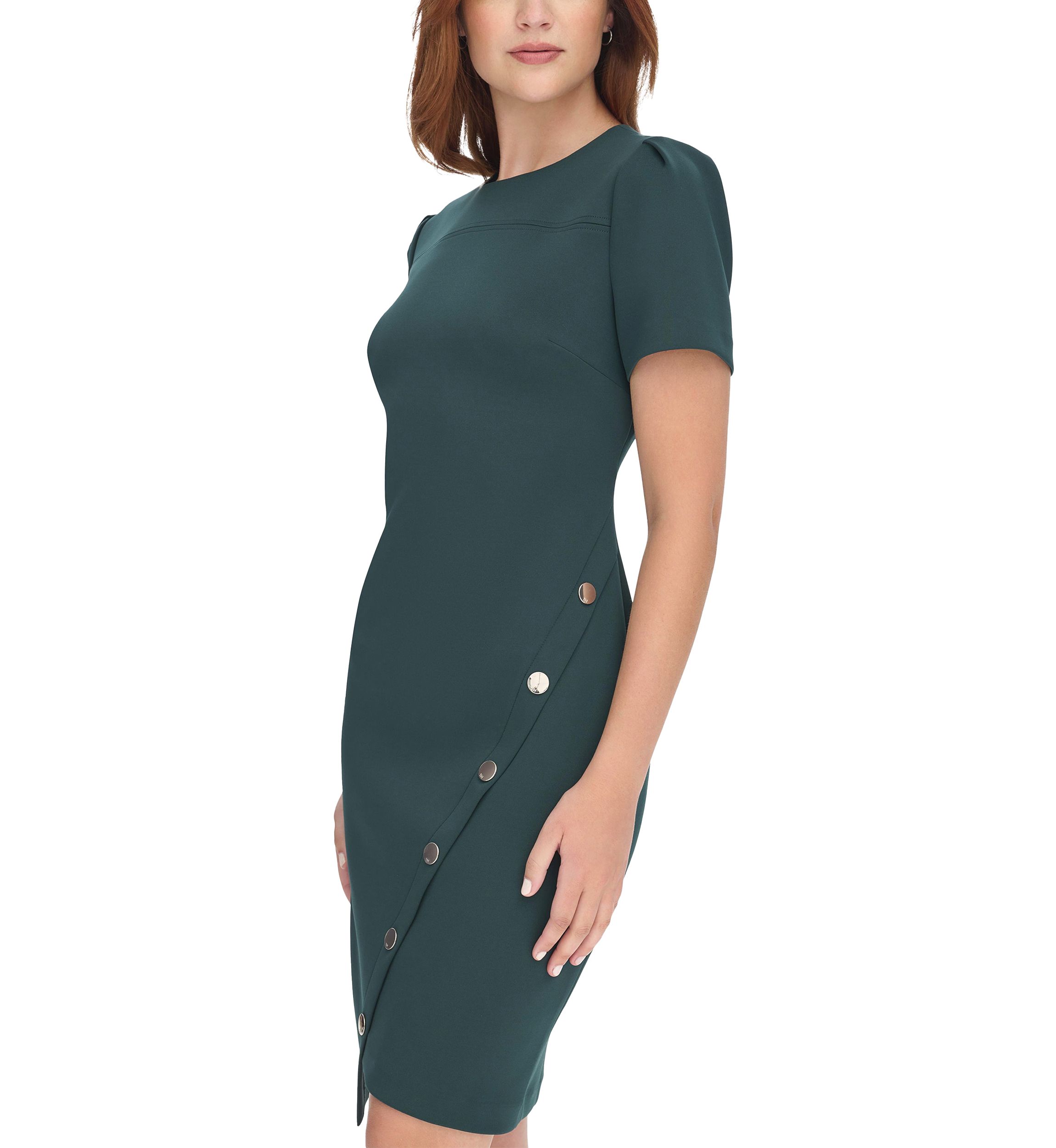 Womens Short Sleeve Asymmetric Studded Scuba Hem Sheath Dress