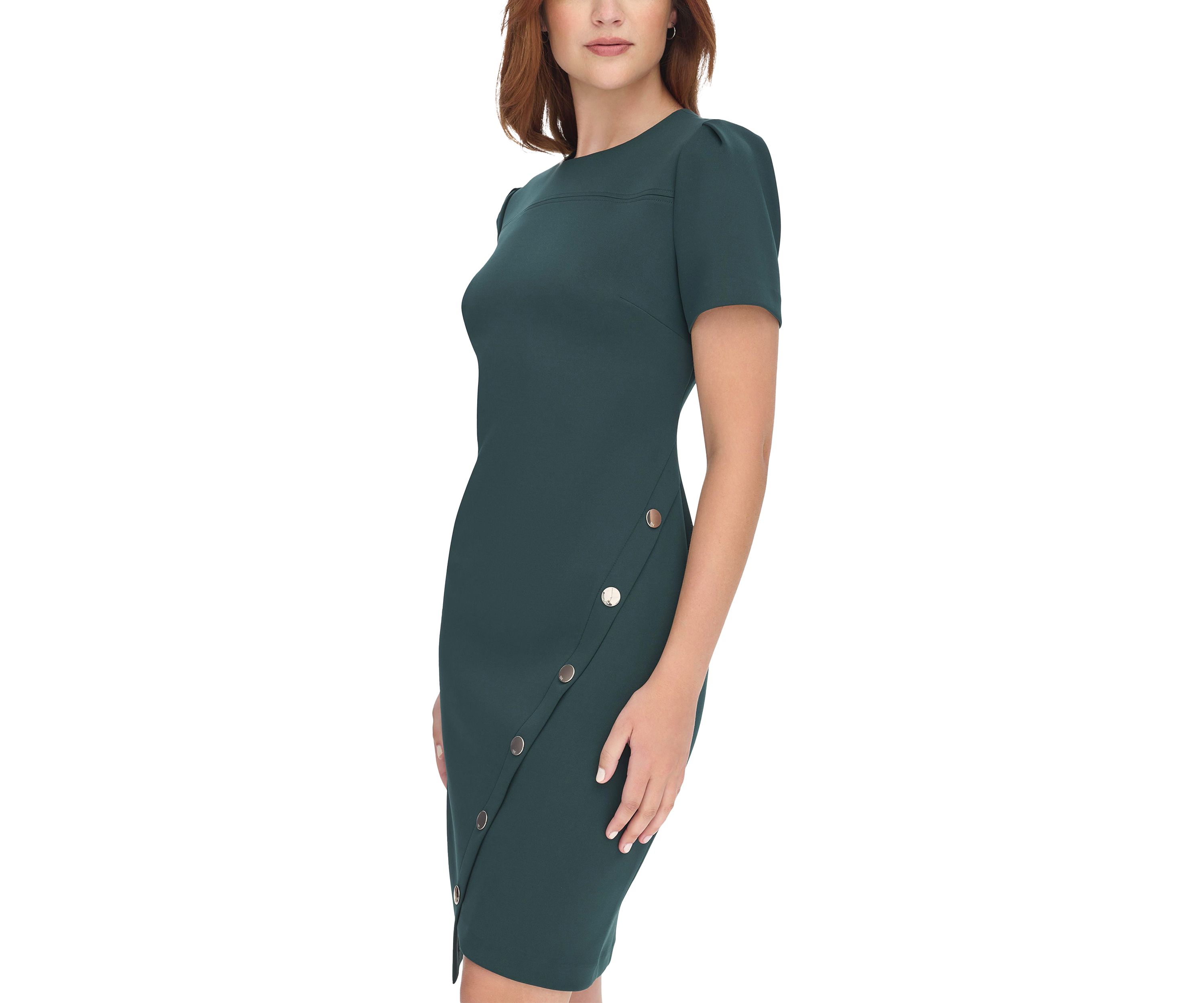Womens Short Sleeve Asymmetric Studded Scuba Hem Sheath Dress