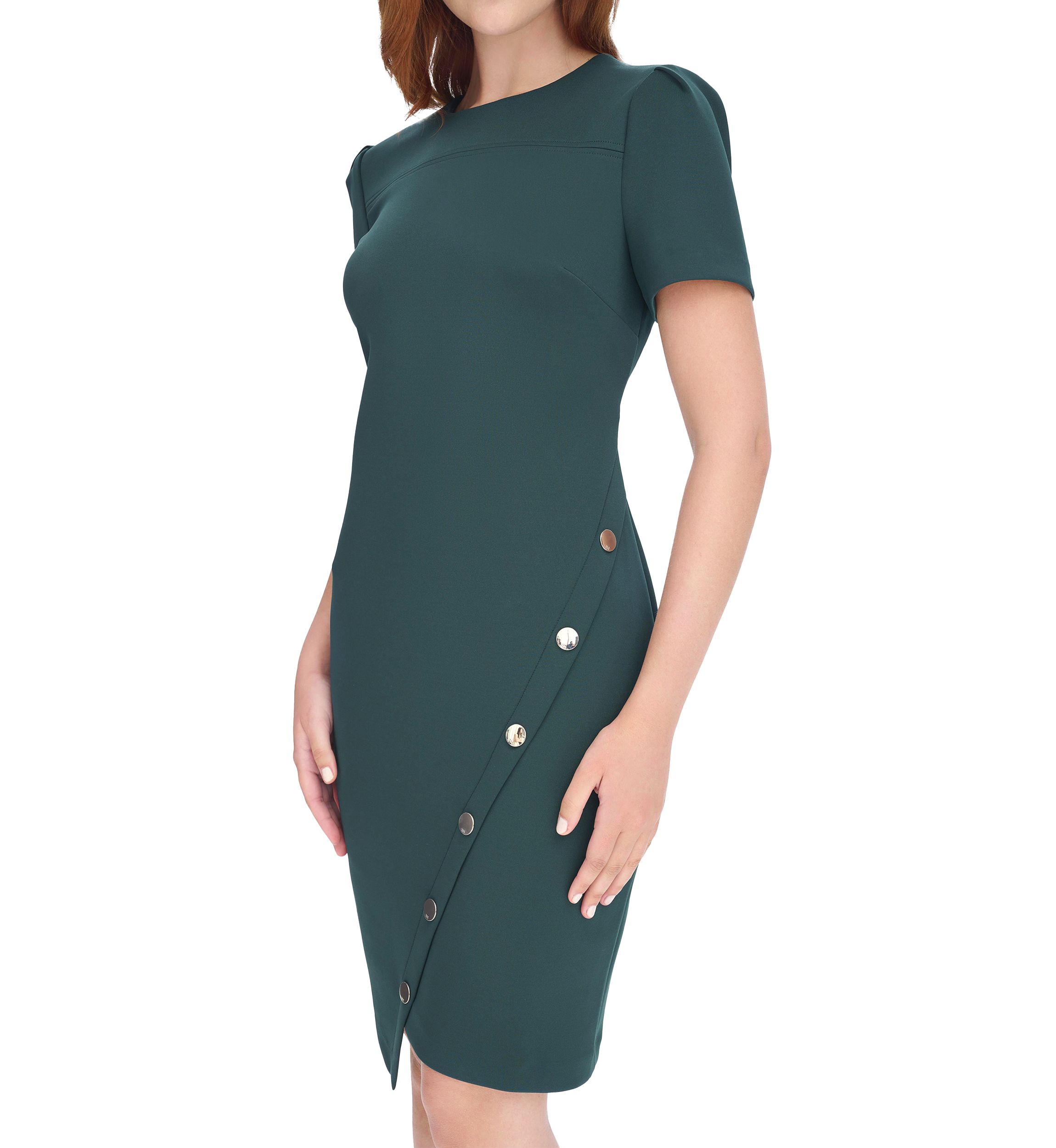 Womens Short Sleeve Asymmetric Studded Scuba Hem Sheath Dress