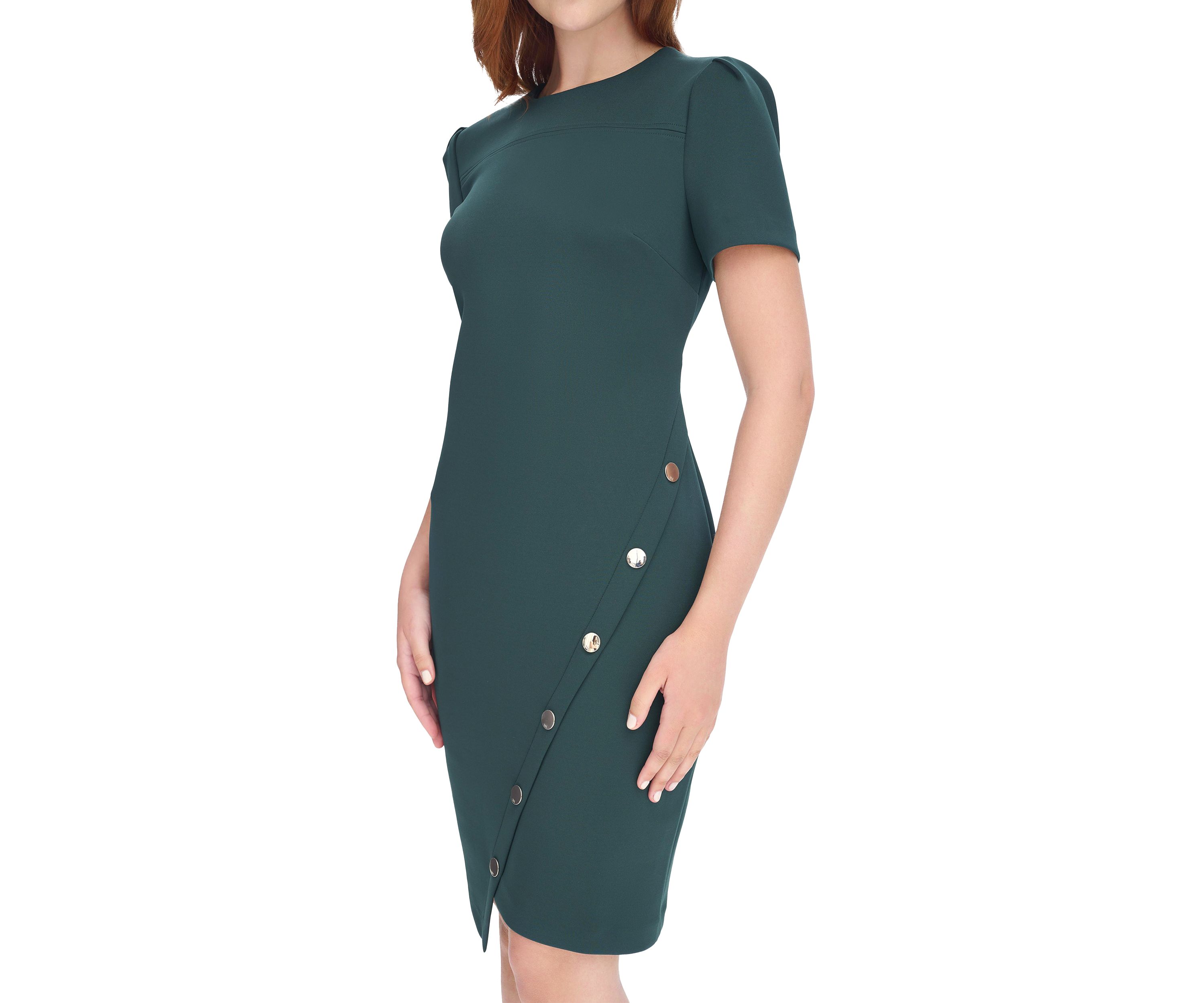 Womens Short Sleeve Asymmetric Studded Scuba Hem Sheath Dress