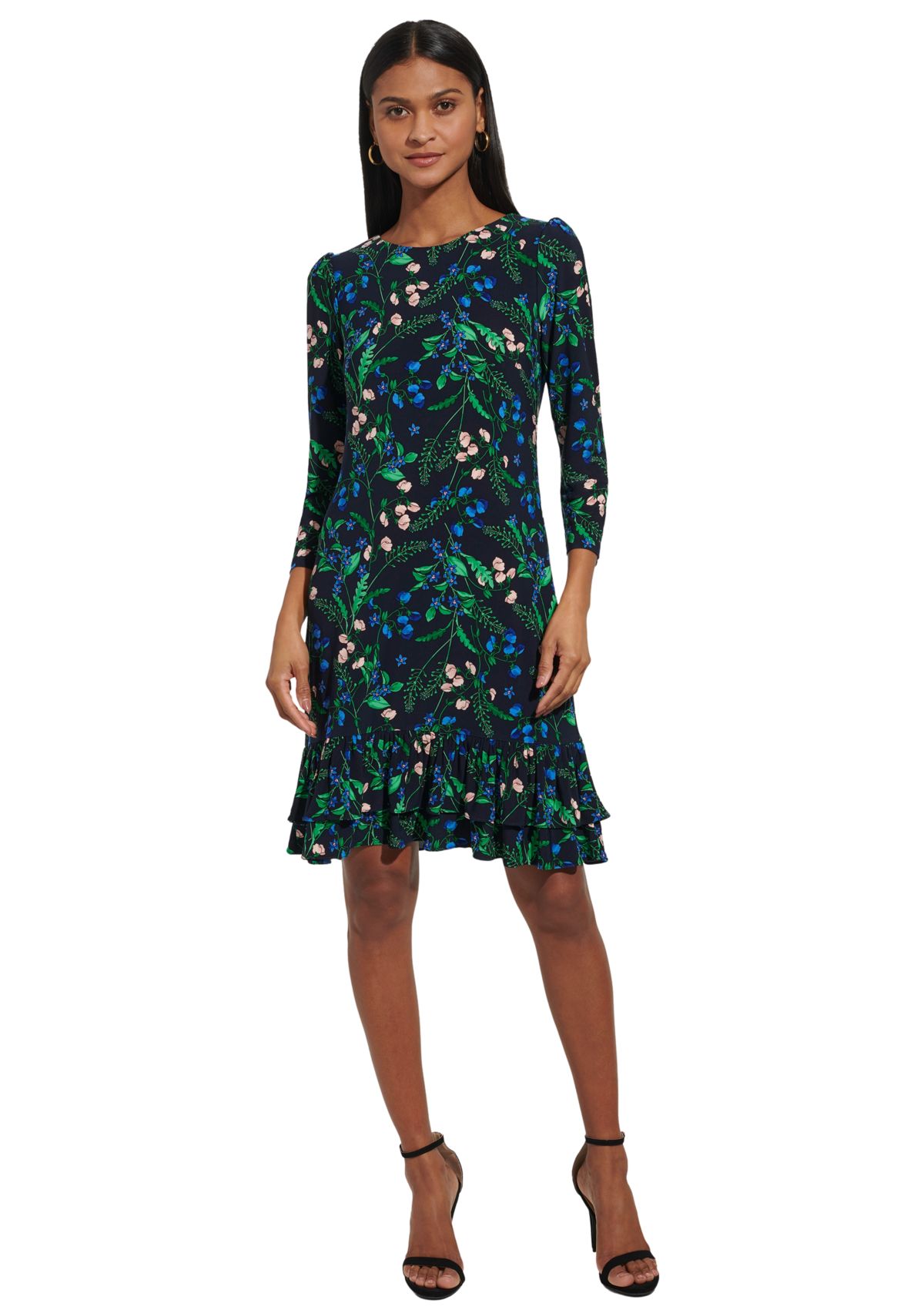 Womens 3/4 Sleeve Double Ruffle Hem Jersey Shift Dress