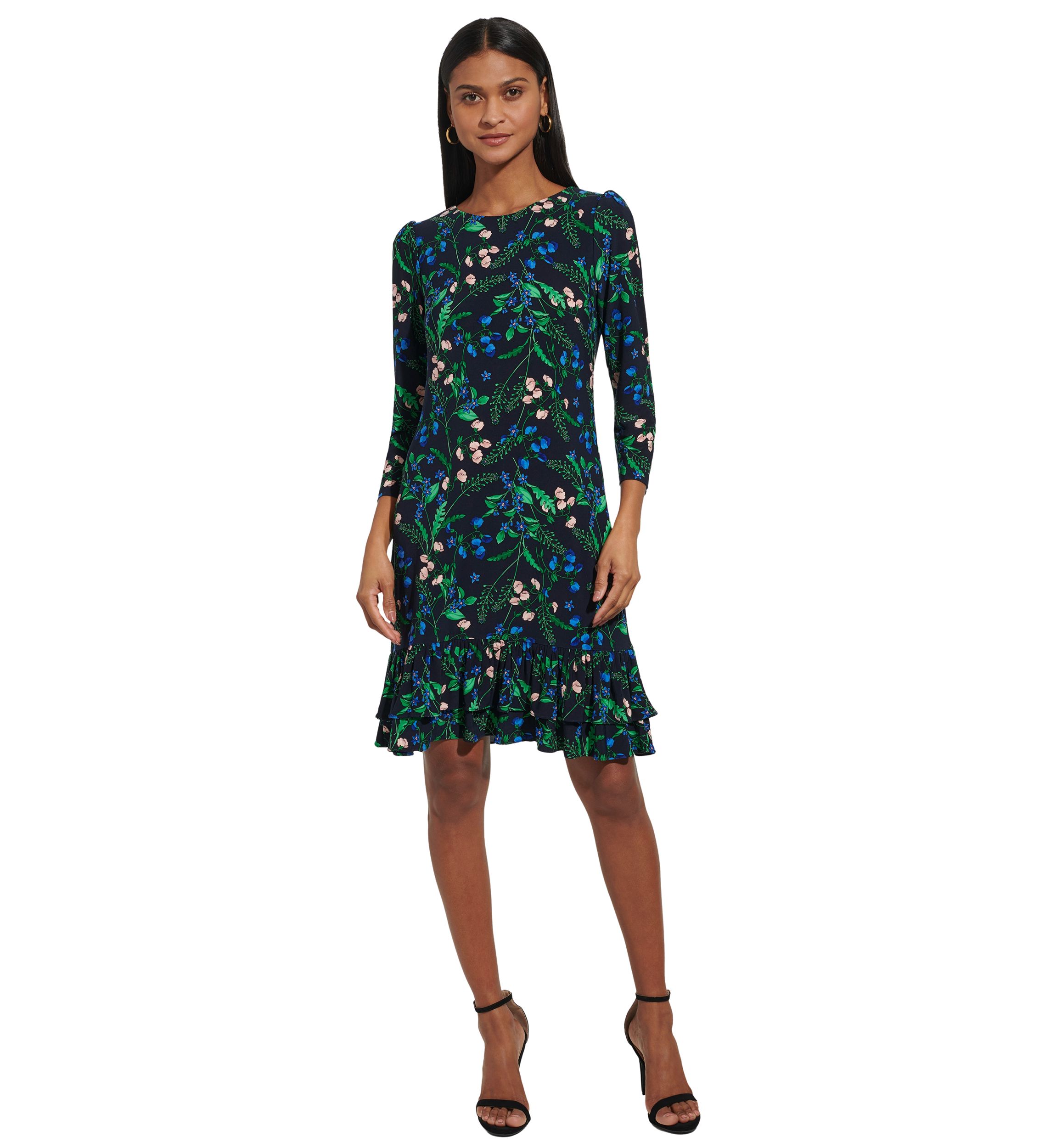 Womens 3/4 Sleeve Double Ruffle Hem Jersey Shift Dress