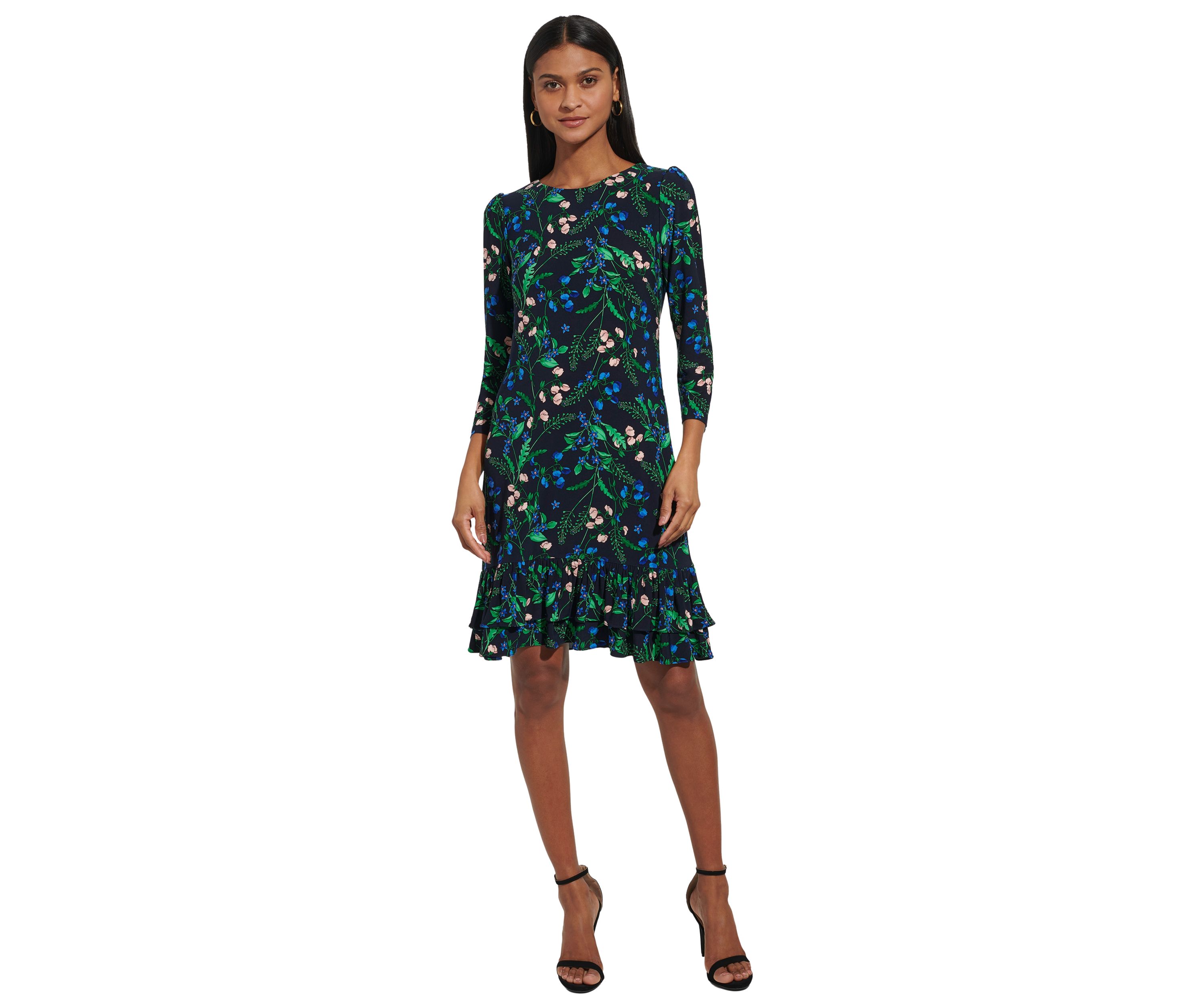Womens 3/4 Sleeve Double Ruffle Hem Jersey Shift Dress