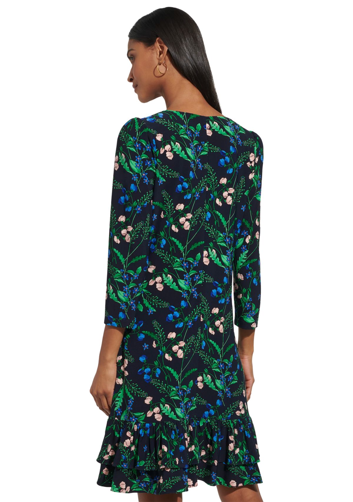 Womens 3/4 Sleeve Double Ruffle Hem Jersey Shift Dress