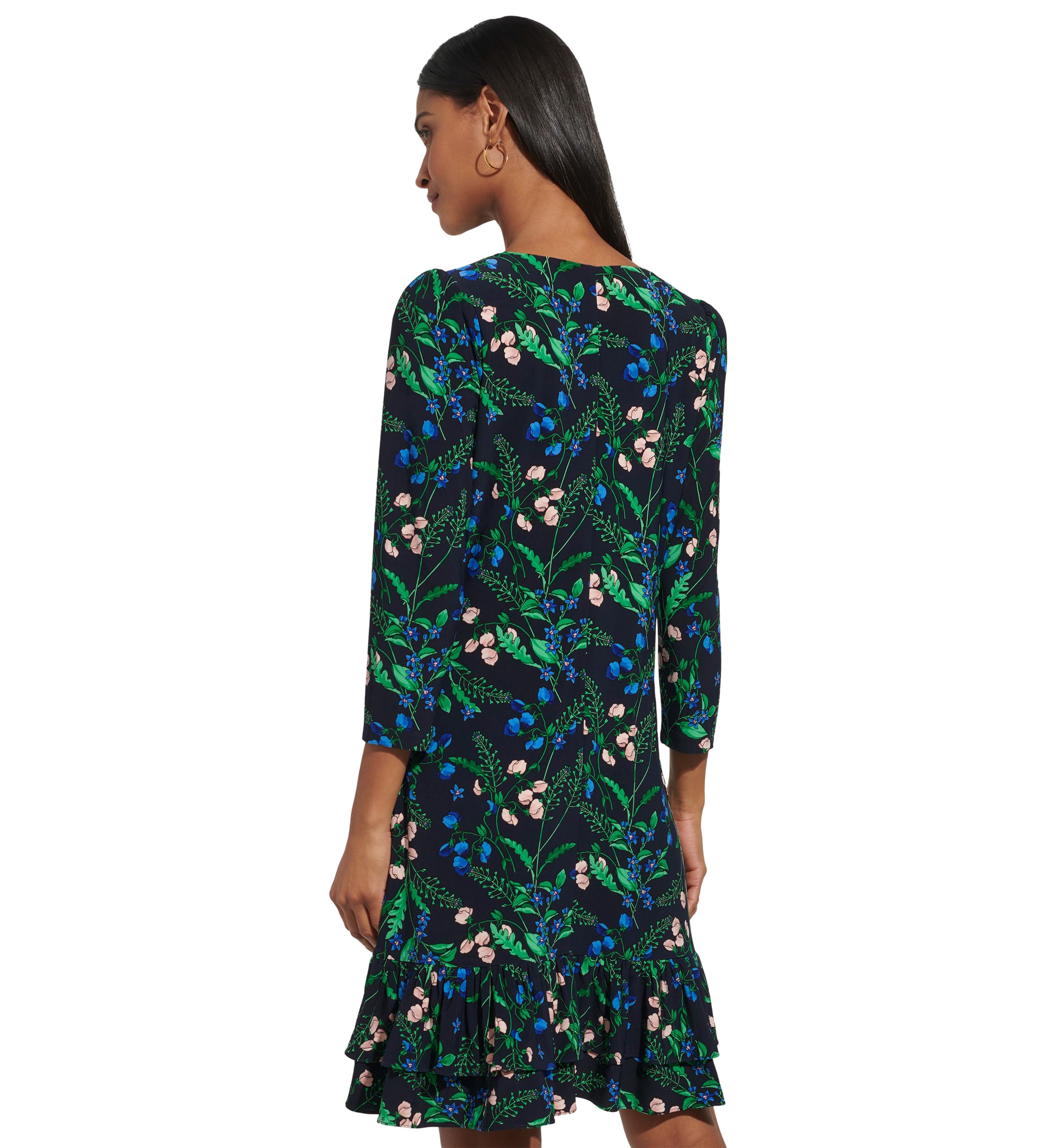 Womens 3/4 Sleeve Double Ruffle Hem Jersey Shift Dress