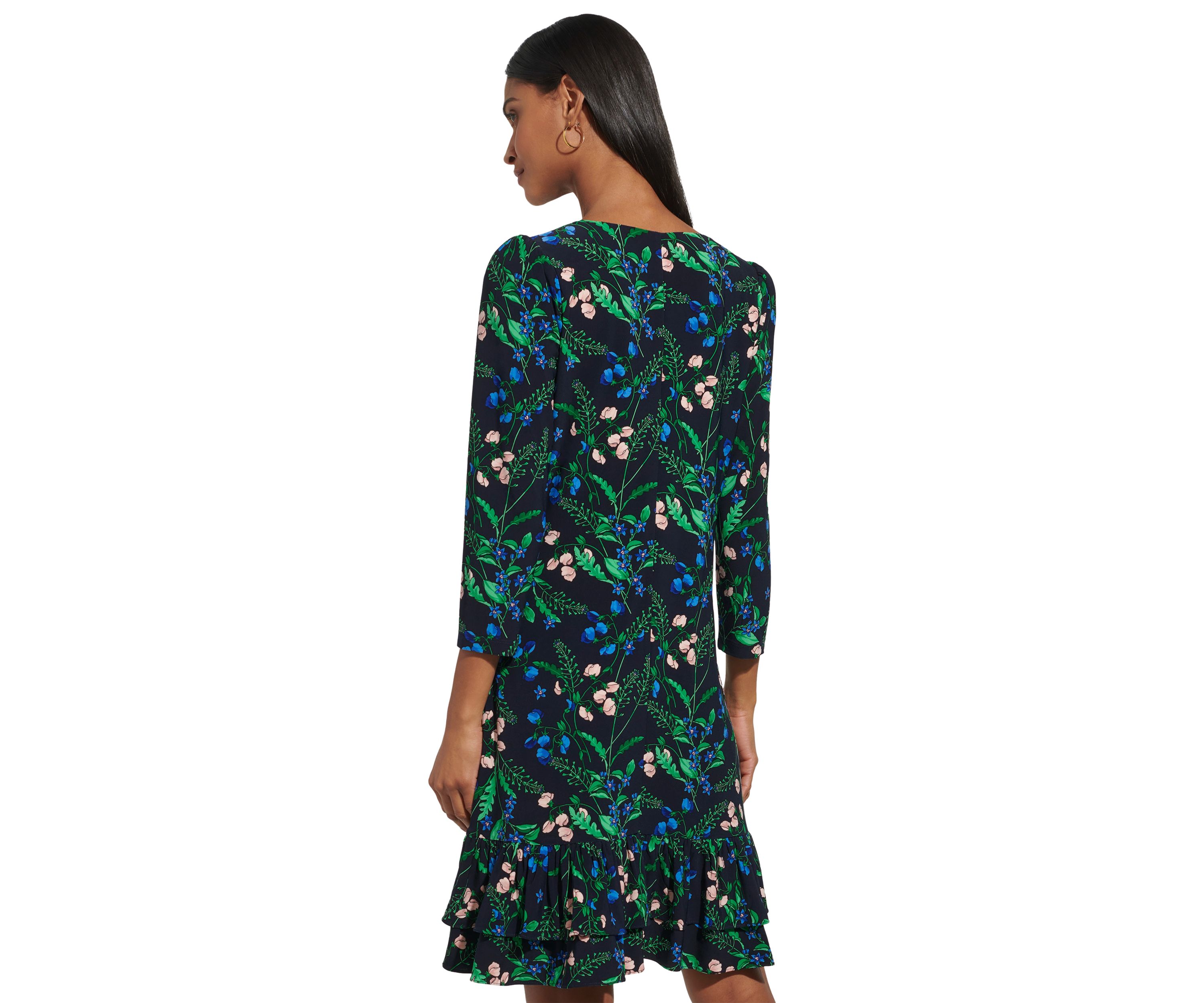 Womens 3/4 Sleeve Double Ruffle Hem Jersey Shift Dress