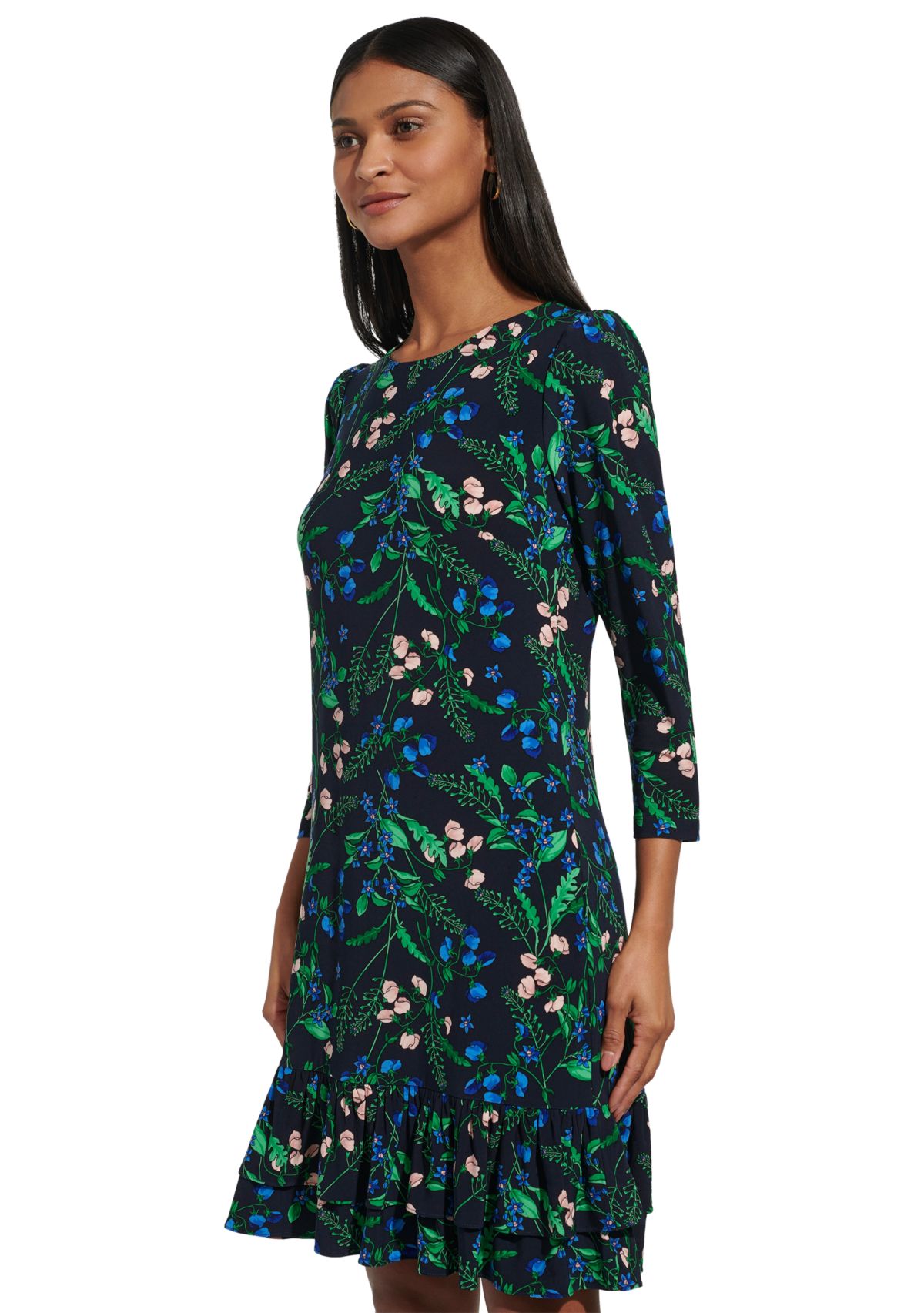 Womens 3/4 Sleeve Double Ruffle Hem Jersey Shift Dress