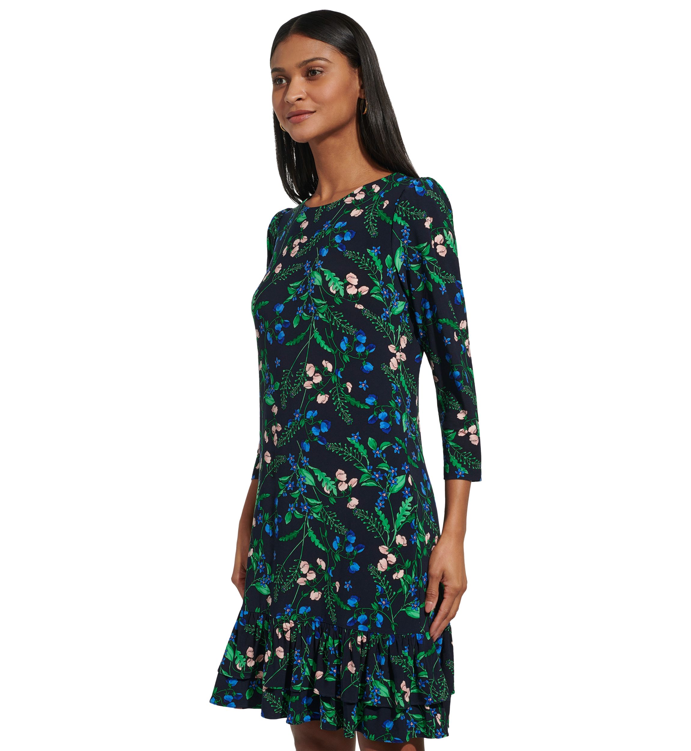 Womens 3/4 Sleeve Double Ruffle Hem Jersey Shift Dress