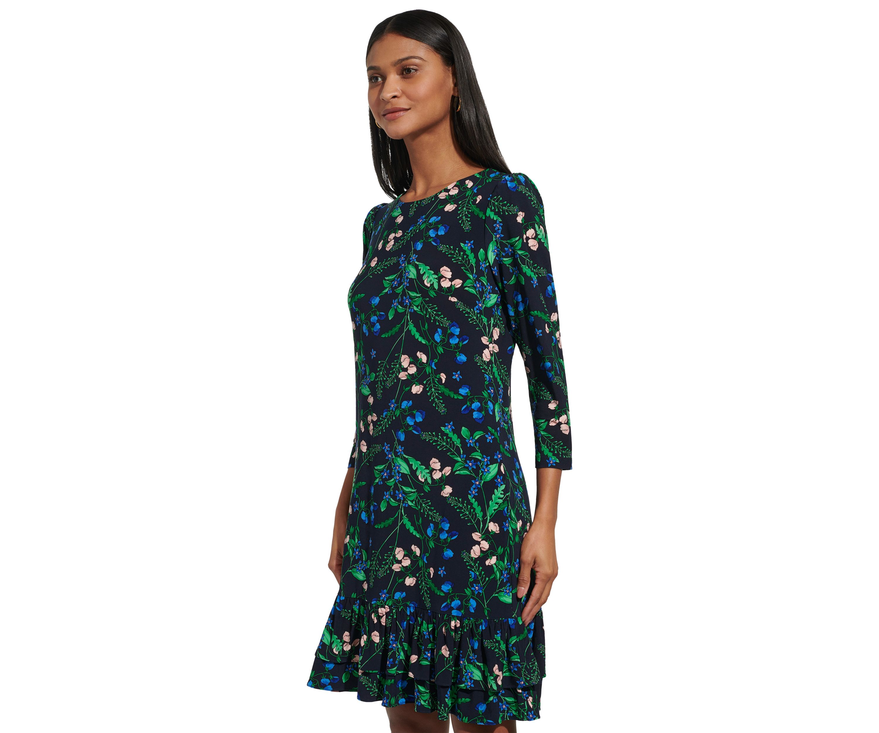 Womens 3/4 Sleeve Double Ruffle Hem Jersey Shift Dress