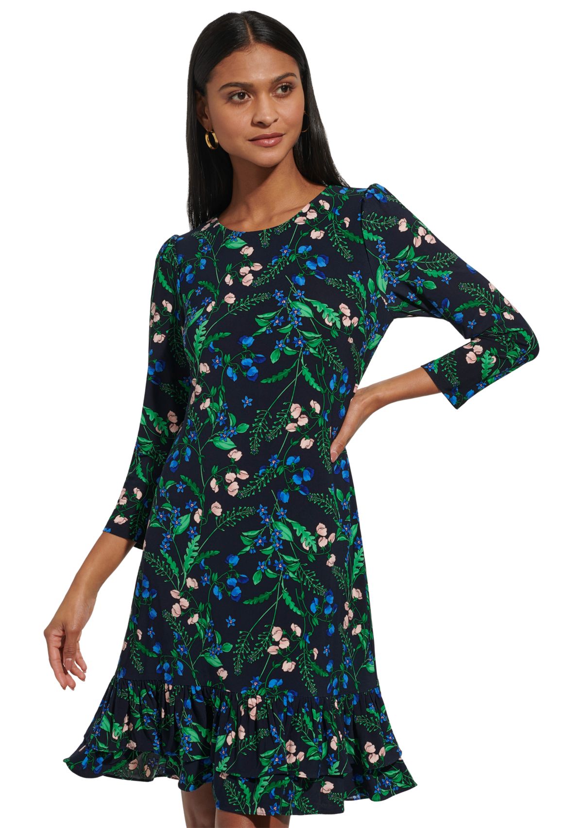 Womens 3/4 Sleeve Double Ruffle Hem Jersey Shift Dress