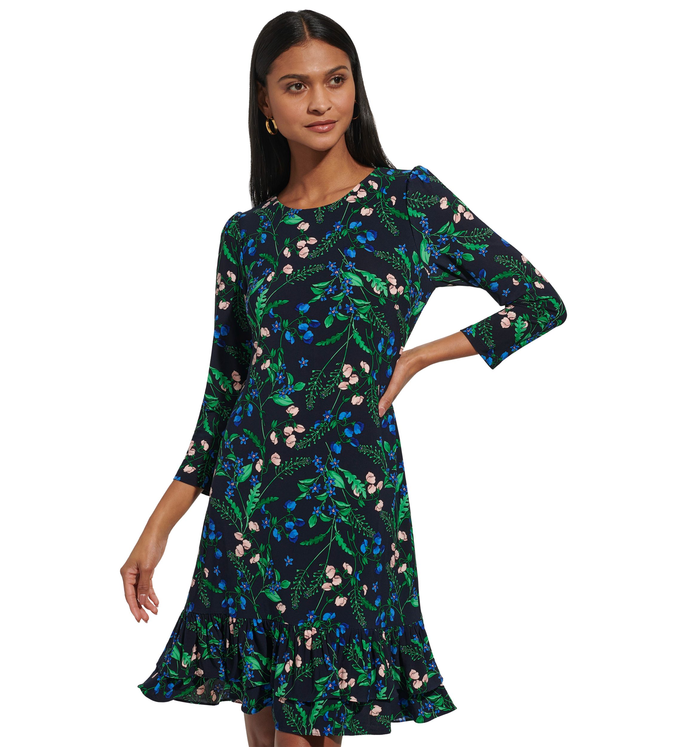Womens 3/4 Sleeve Double Ruffle Hem Jersey Shift Dress