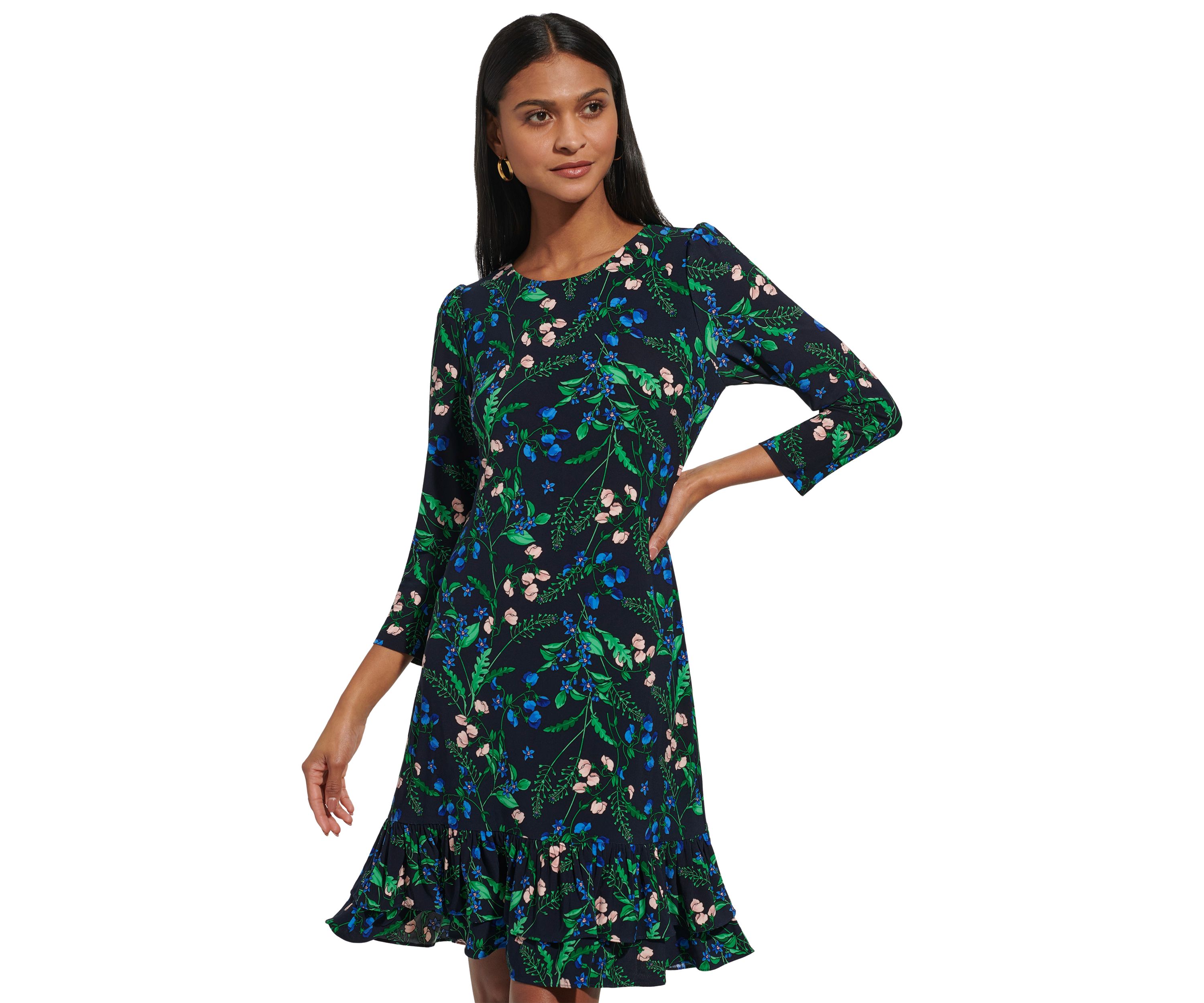 Womens 3/4 Sleeve Double Ruffle Hem Jersey Shift Dress