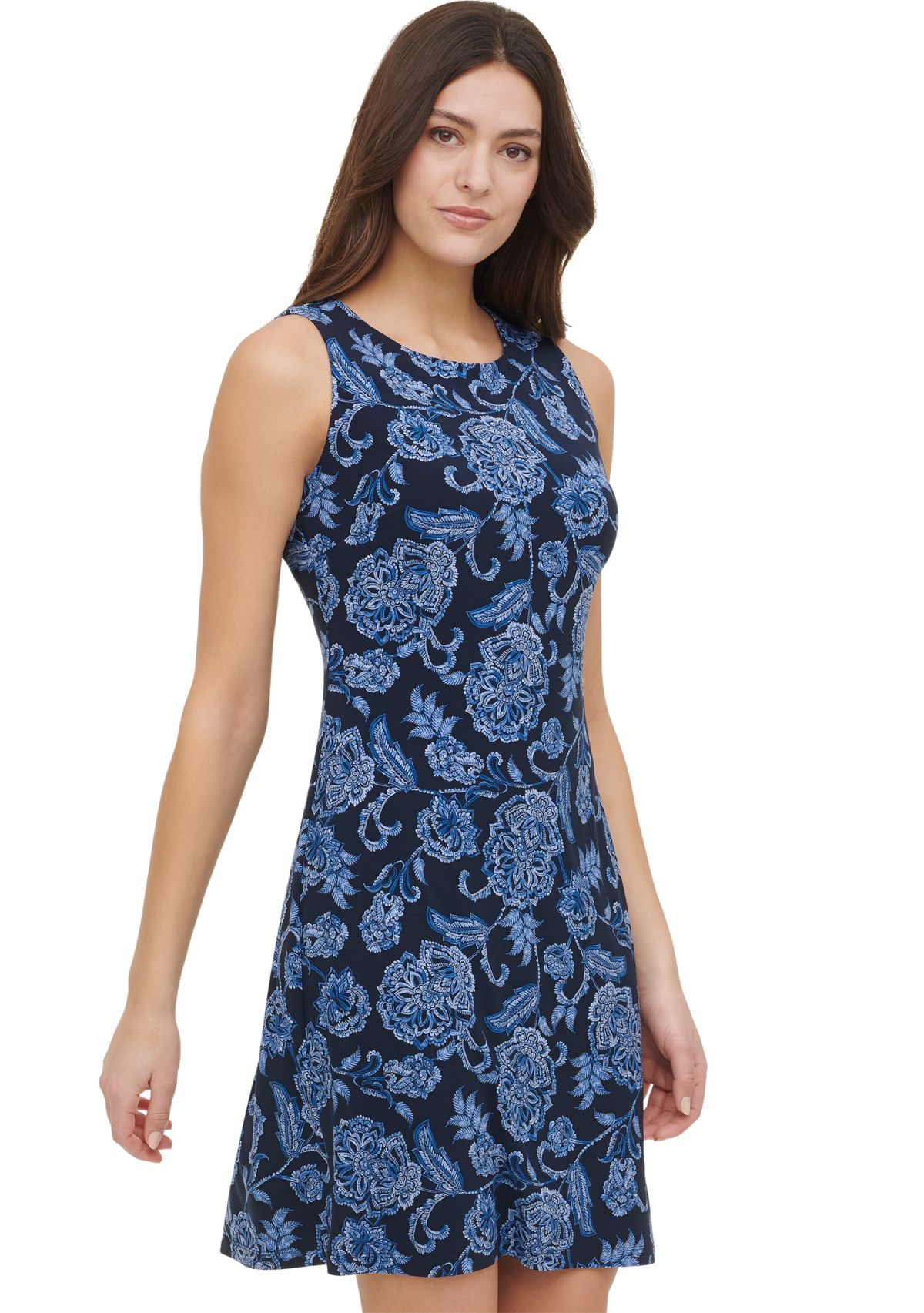 Womens Sleeveless Floral Jersey Shift Dress 
