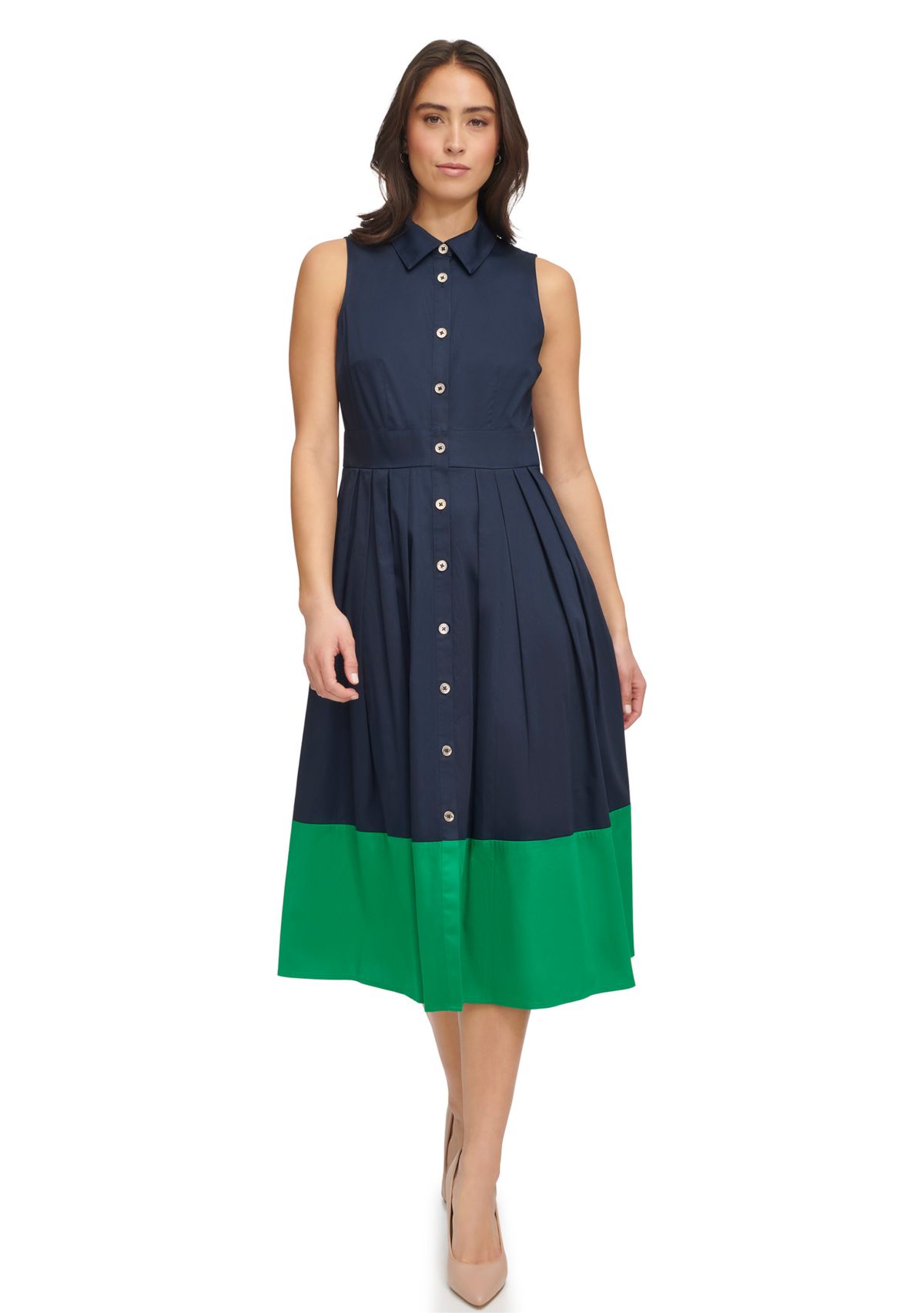 Womens Sleeveless Midi Shirtdress with Contrast Hem