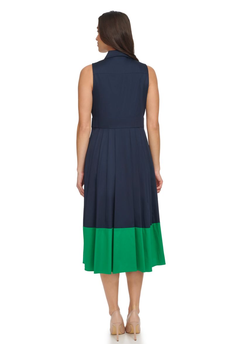 Womens Sleeveless Midi Shirtdress with Contrast Hem