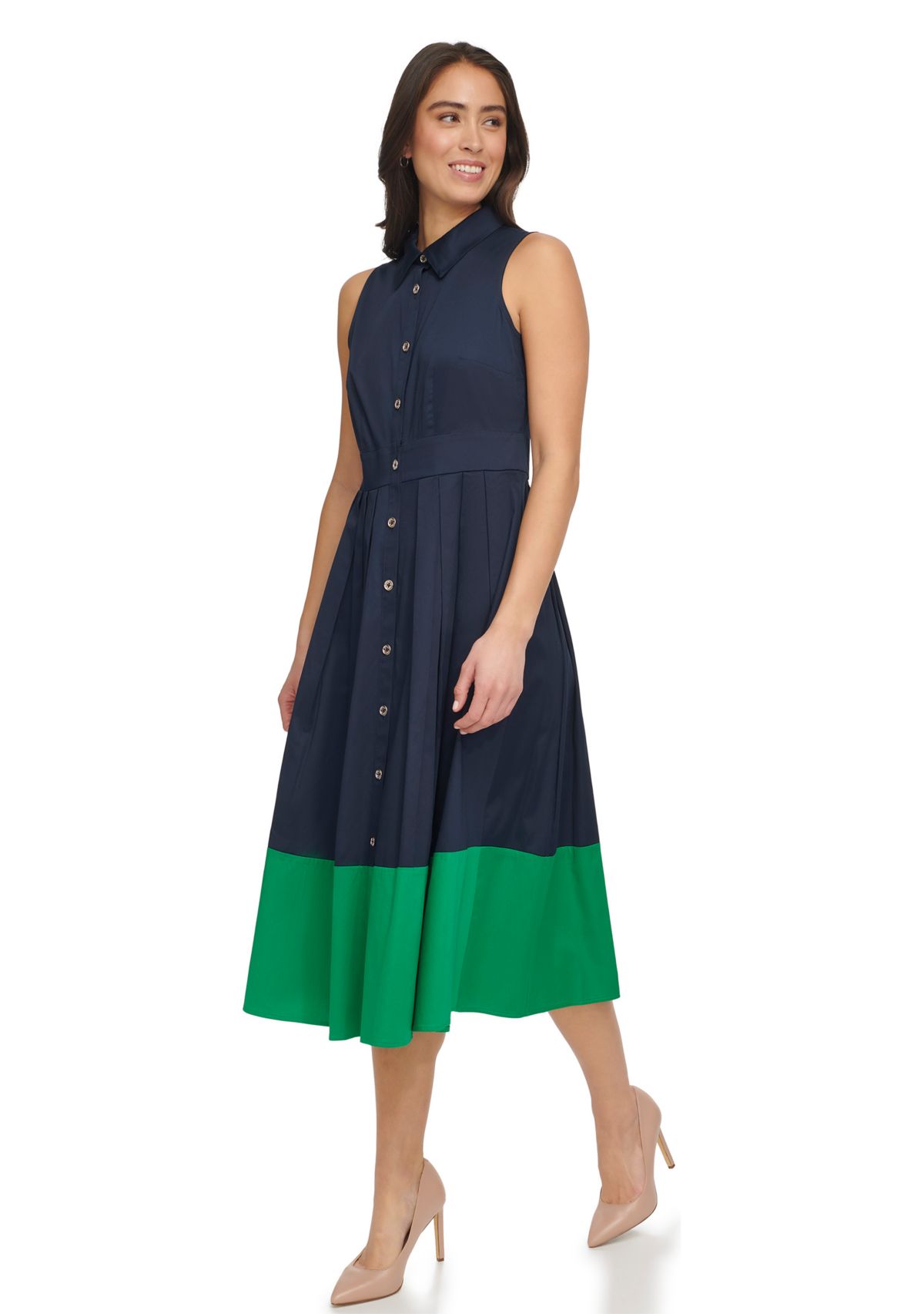 Womens Sleeveless Midi Shirtdress with Contrast Hem