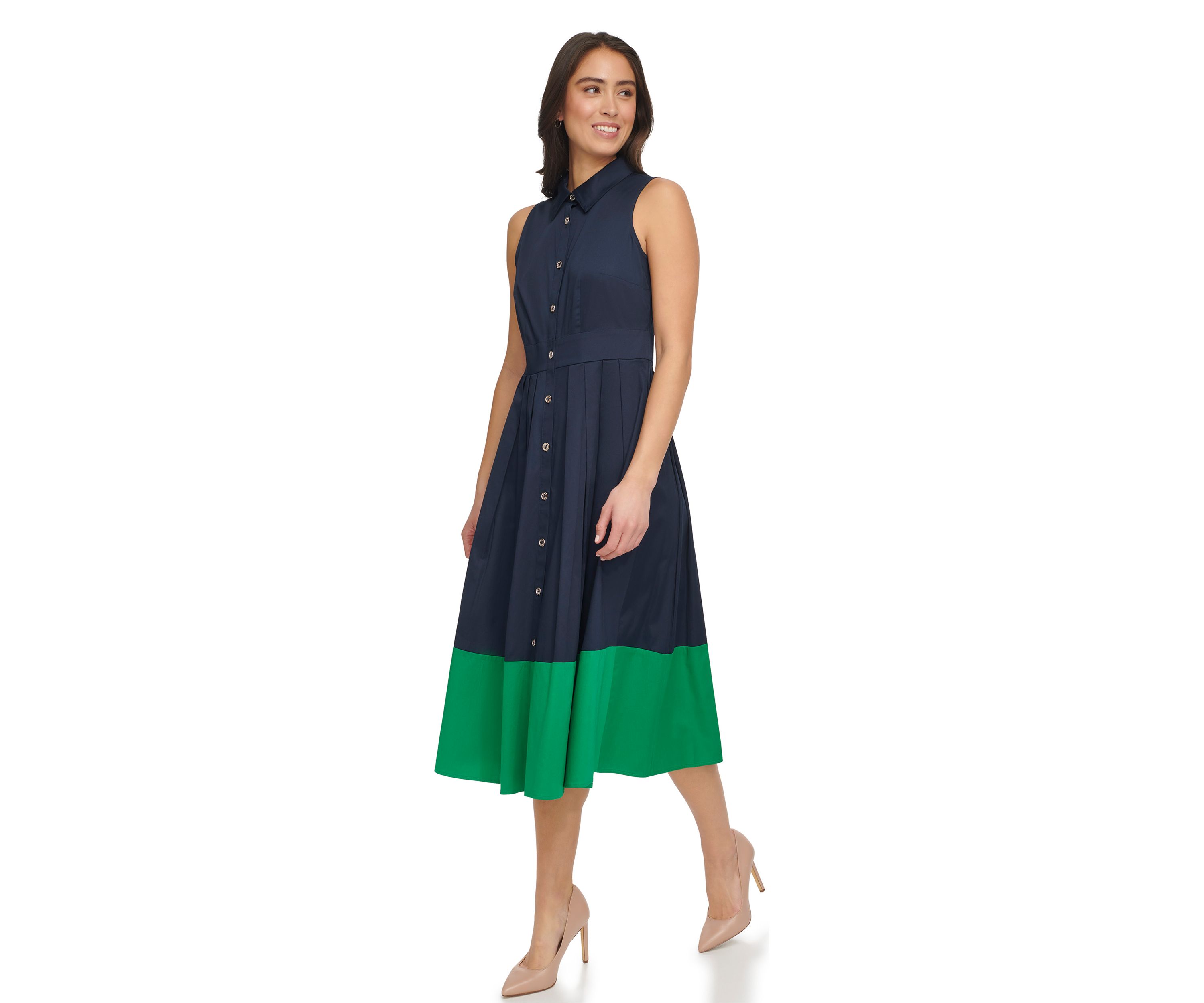 Womens Sleeveless Midi Shirtdress with Contrast Hem