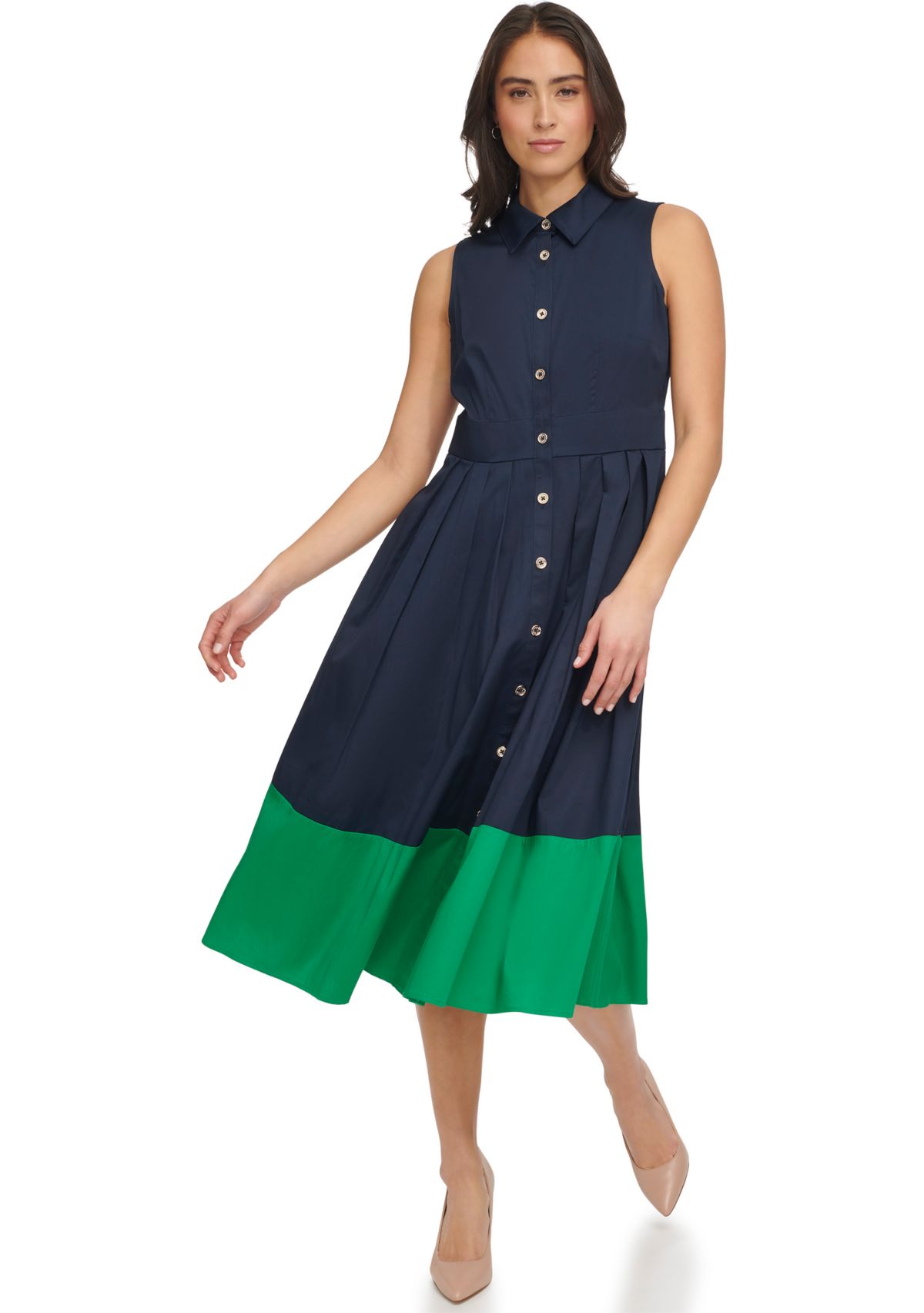 Womens Sleeveless Midi Shirtdress with Contrast Hem