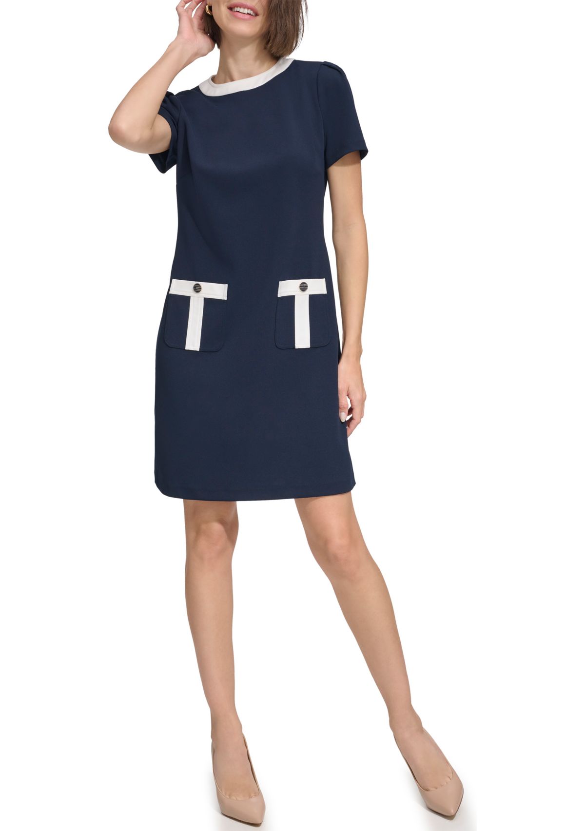 Womens Color Block Shift Dress with Pockets