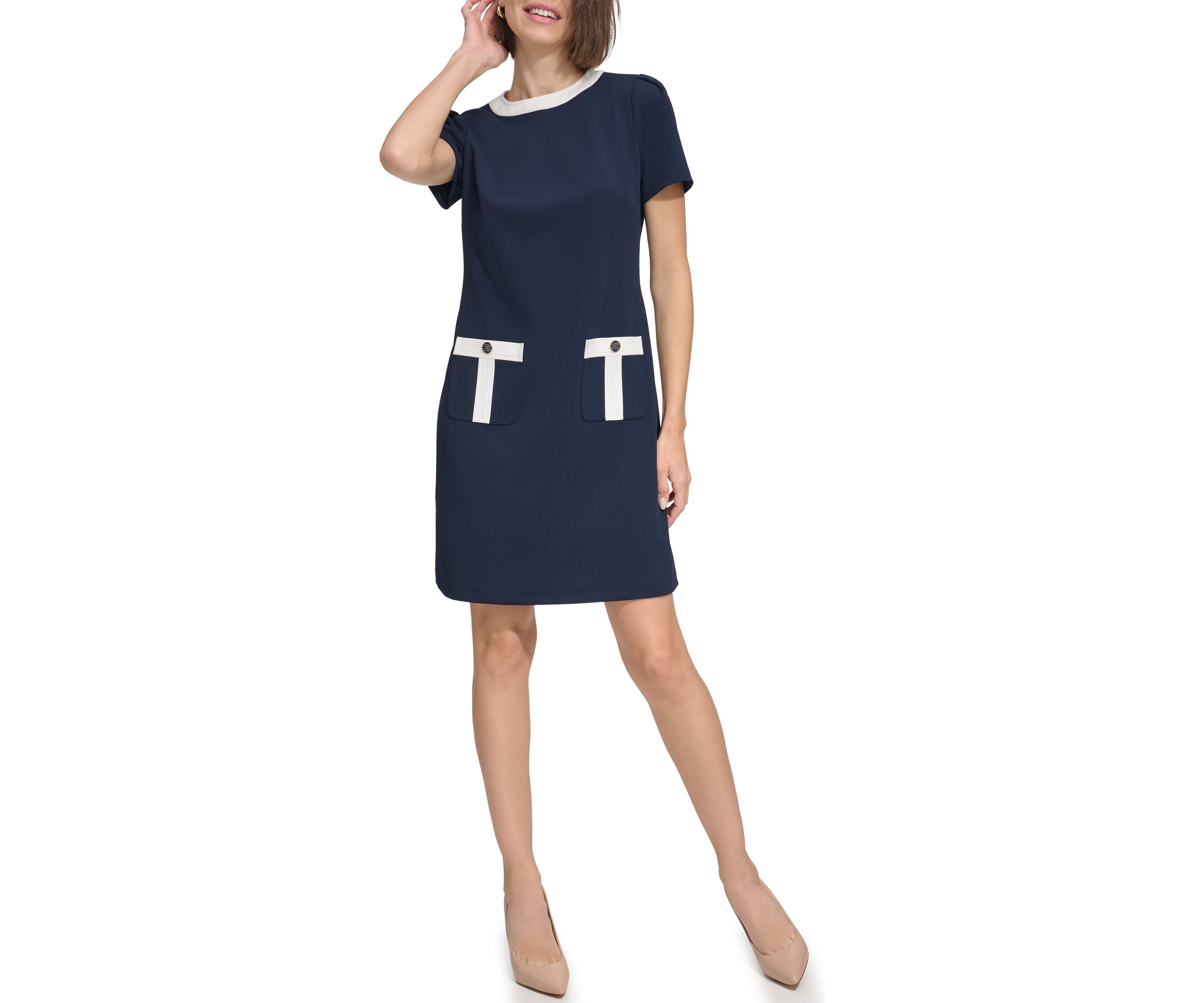 Womens Color Block Shift Dress with Pockets