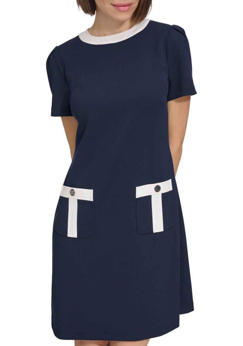 Womens Color Block Shift Dress with Pockets
