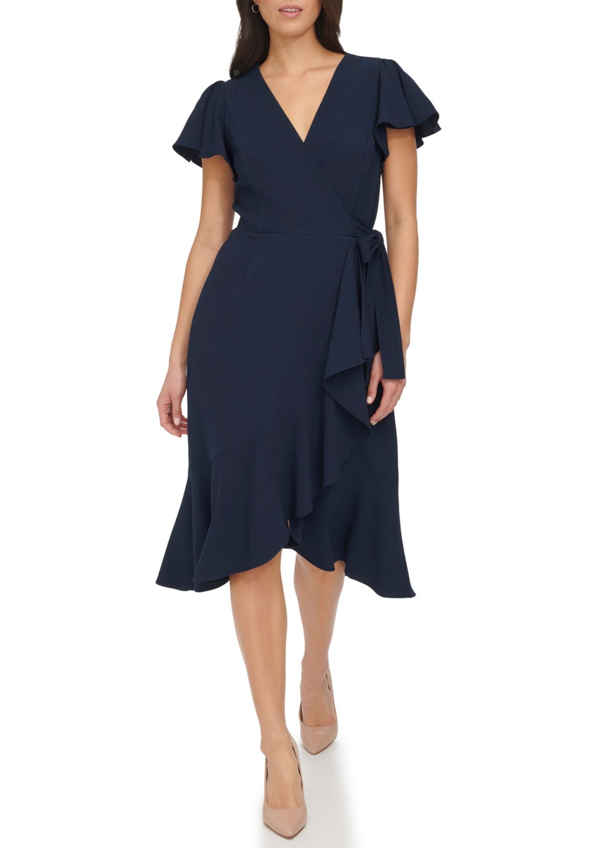 Womens Flutter Sleeve Midi Wrap Dress
