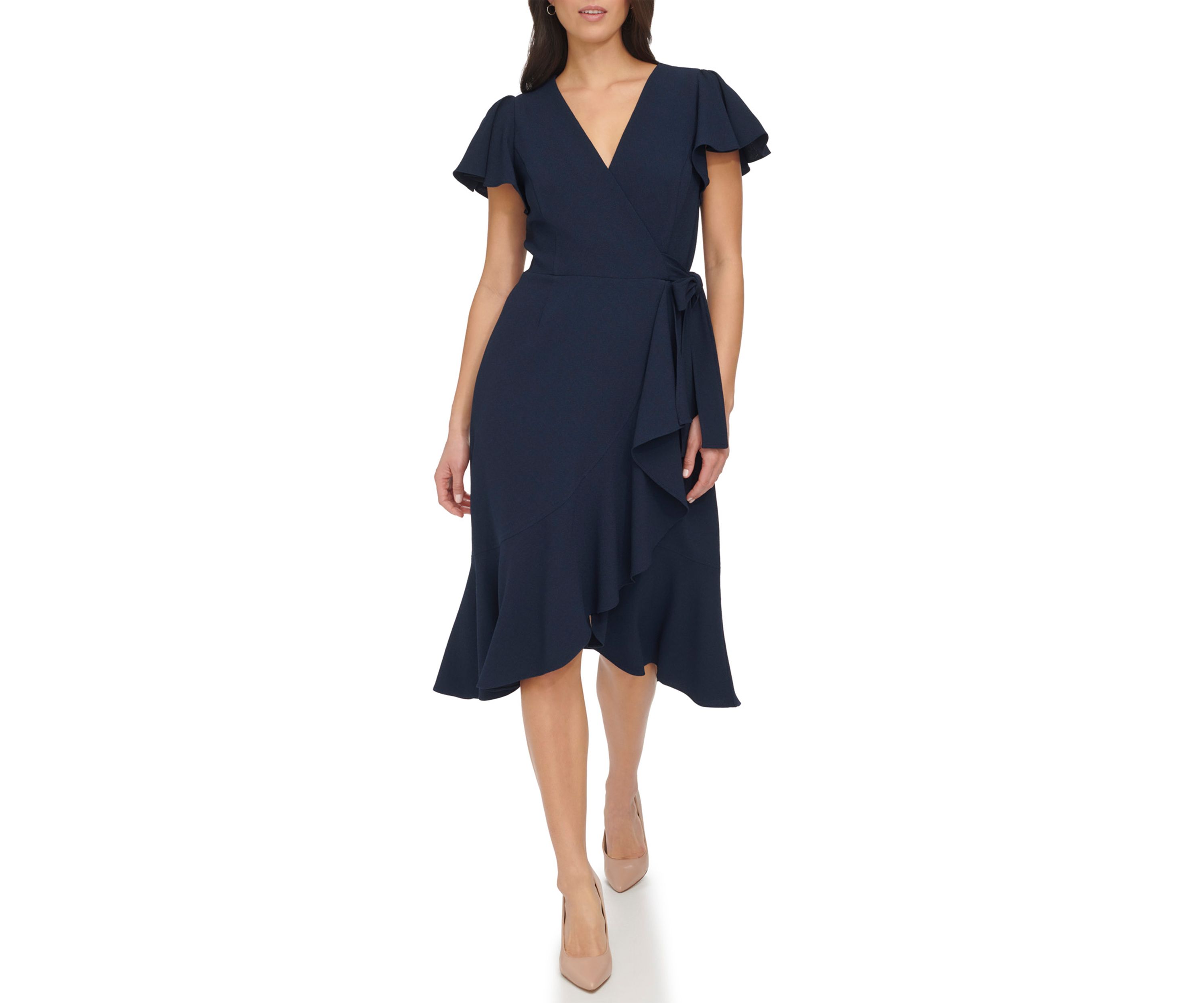 Womens Flutter Sleeve Midi Wrap Dress
