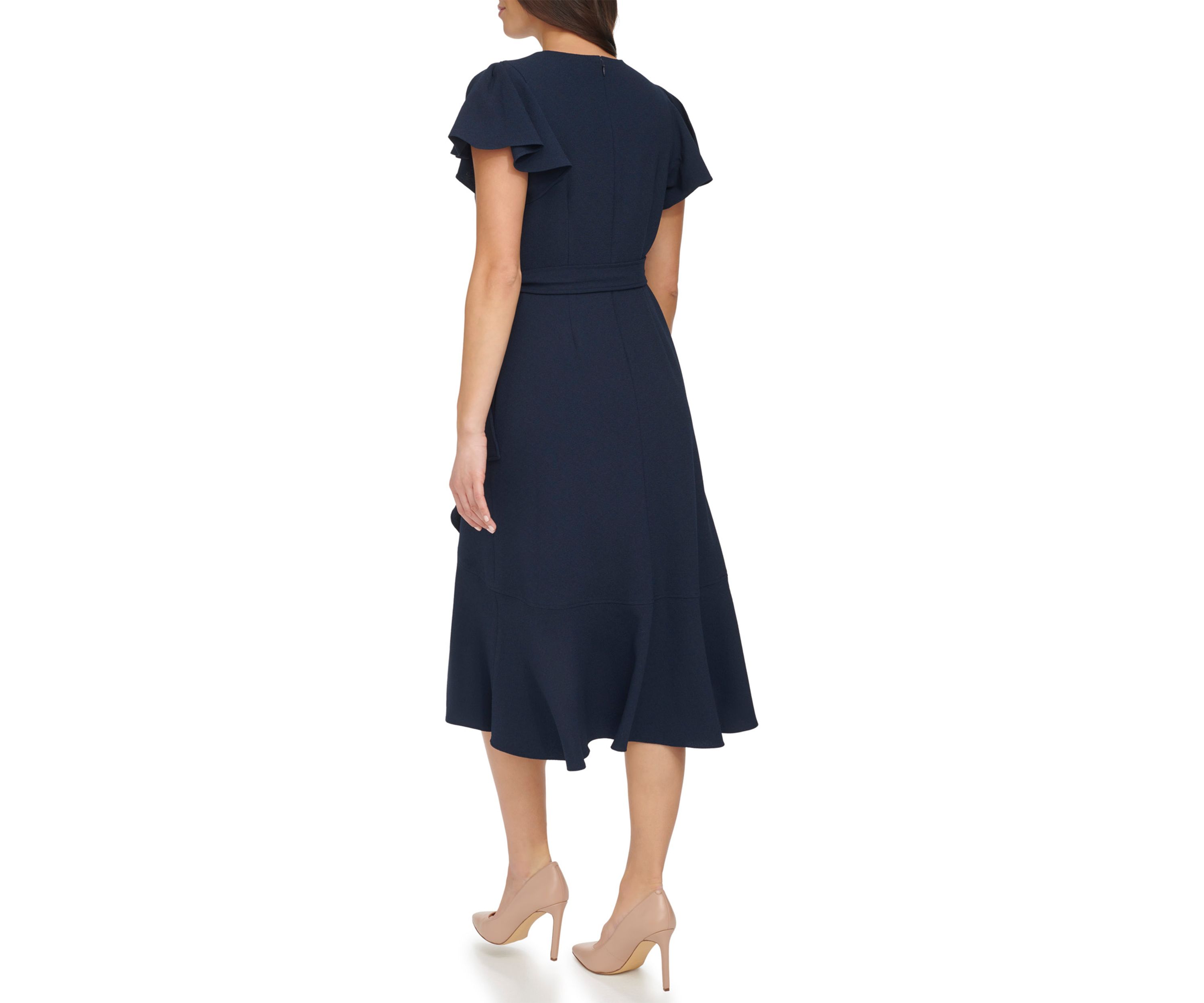 Womens Flutter Sleeve Midi Wrap Dress
