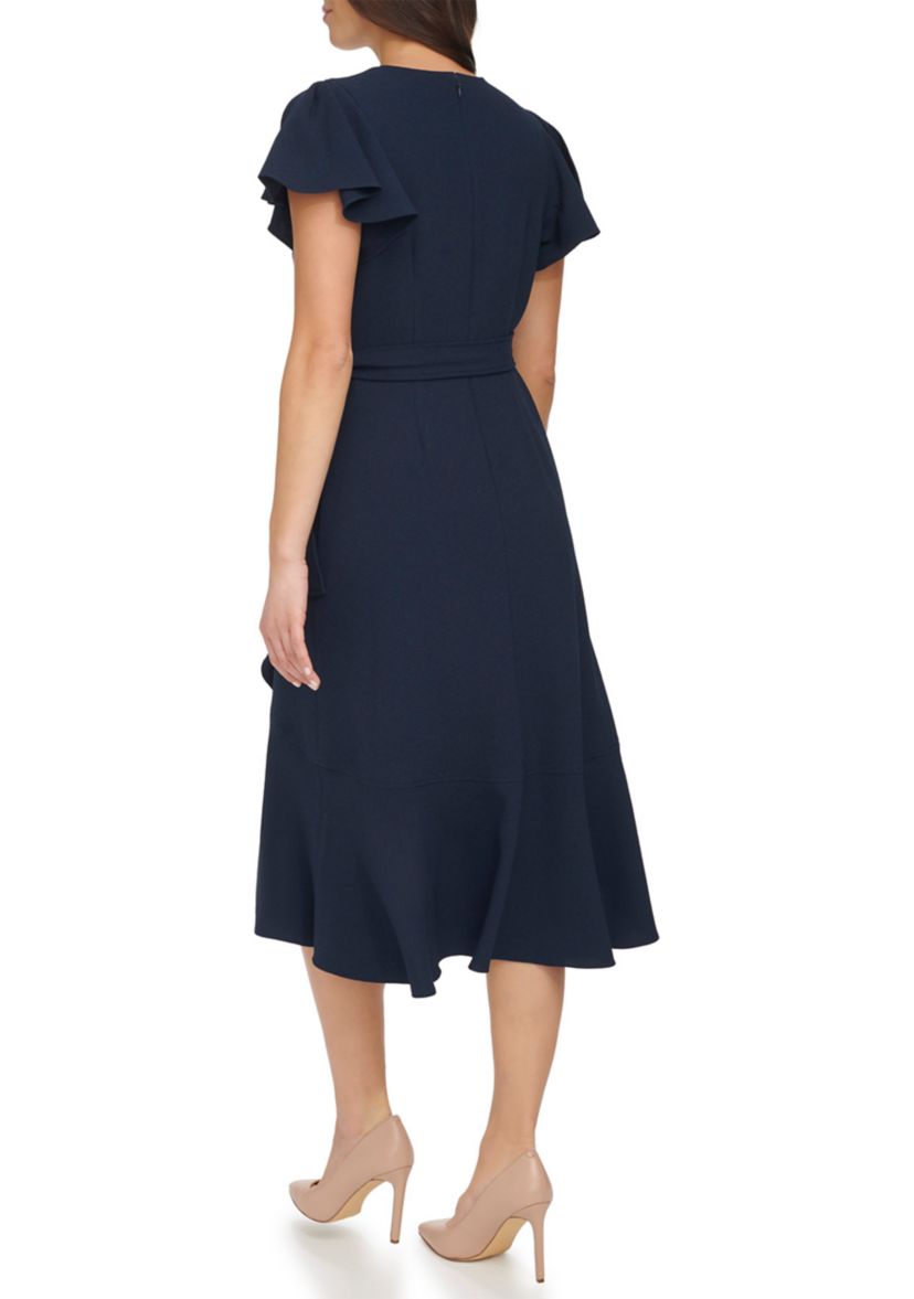 Womens Flutter Sleeve Midi Wrap Dress