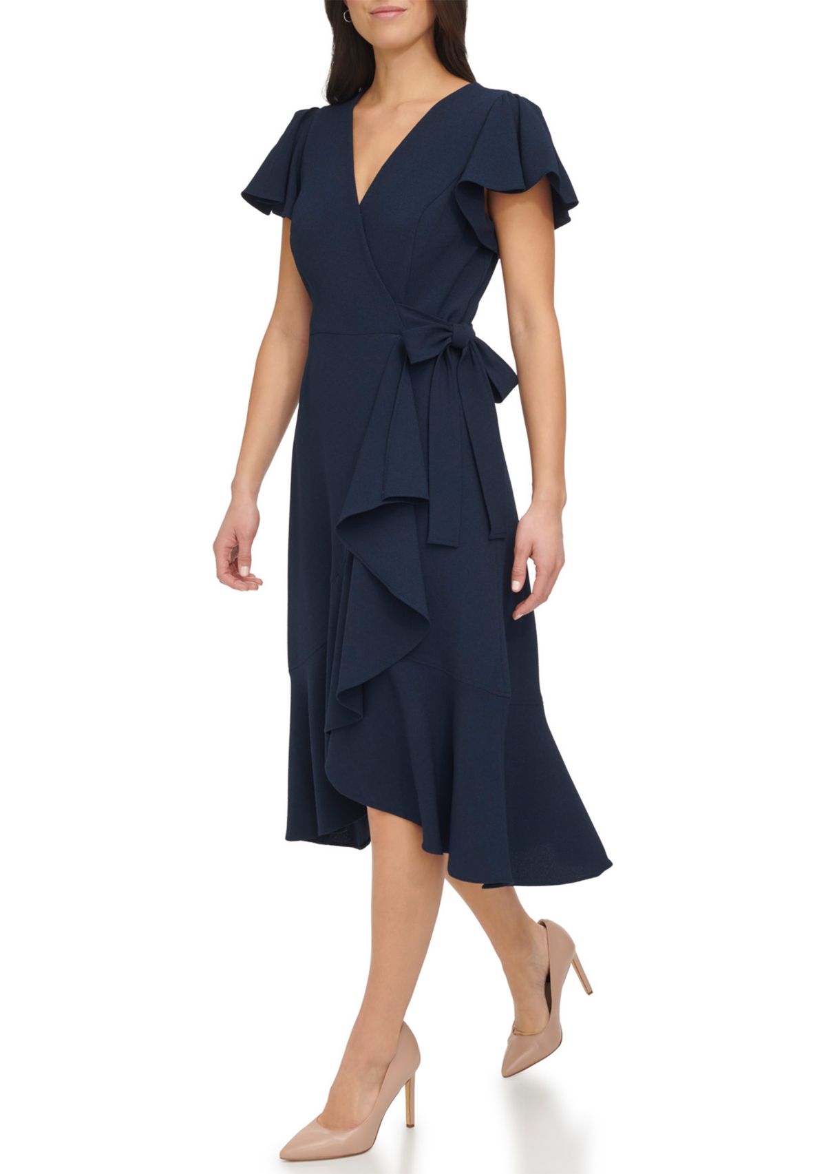 Womens Flutter Sleeve Midi Wrap Dress