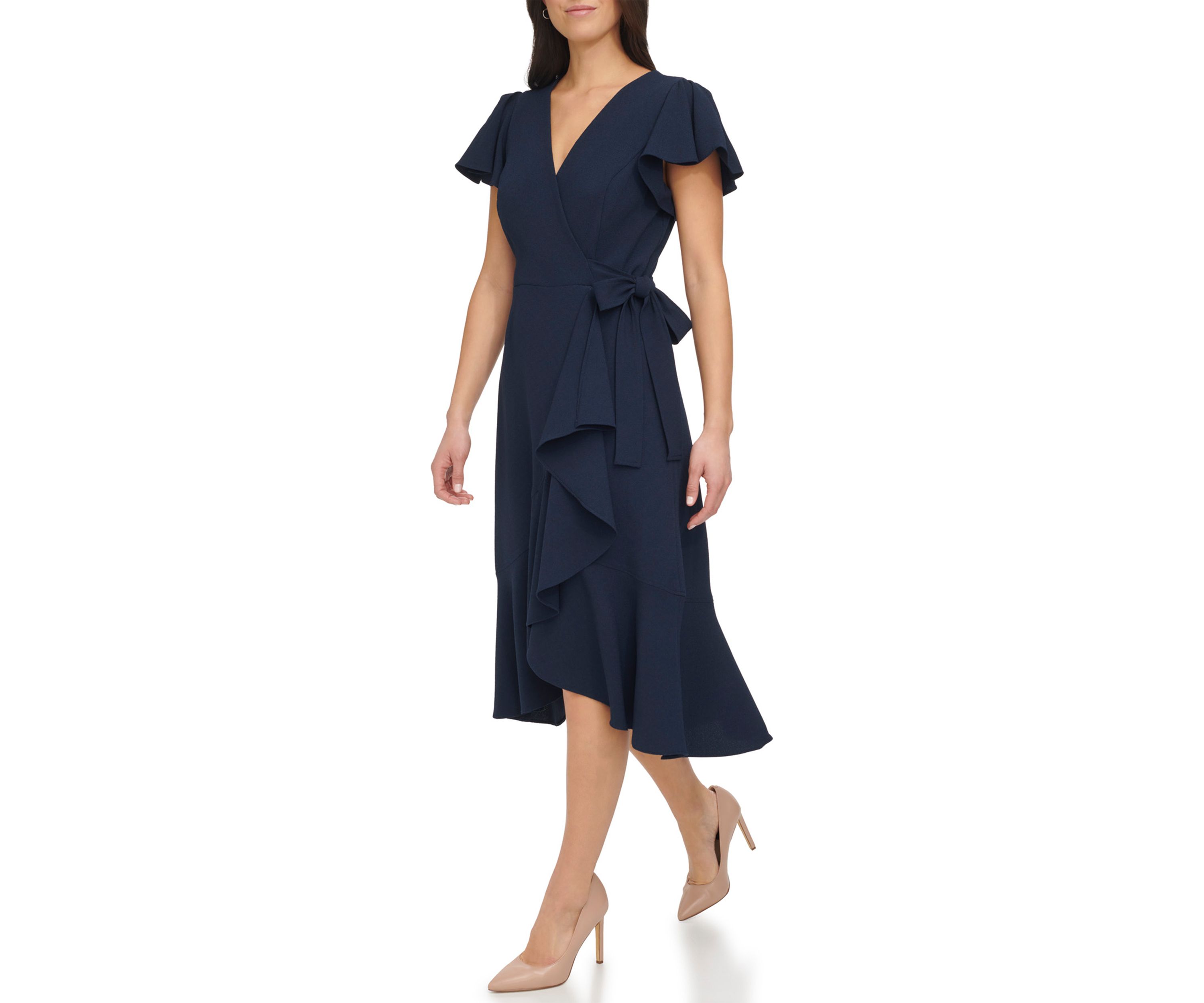 Womens Flutter Sleeve Midi Wrap Dress