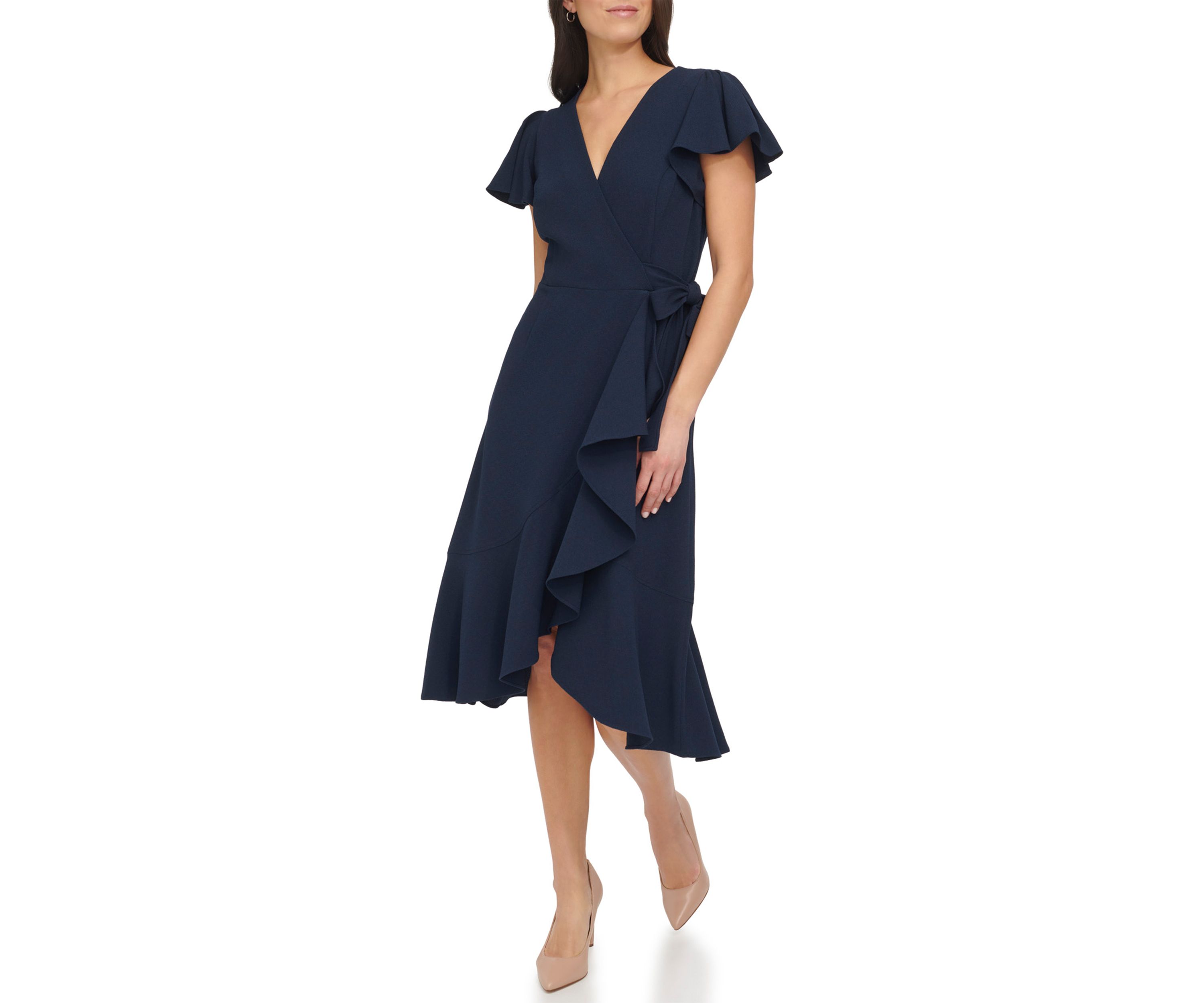 Womens Flutter Sleeve Midi Wrap Dress