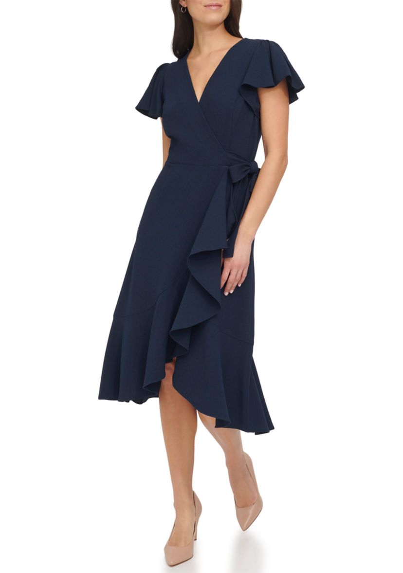 Womens Flutter Sleeve Midi Wrap Dress