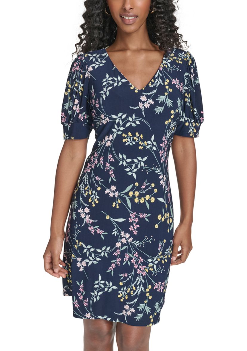 navy blue dress for baby girl Tommy Hilfiger Women's V-Neck Floral Print A-Line Dress, Pink, 12