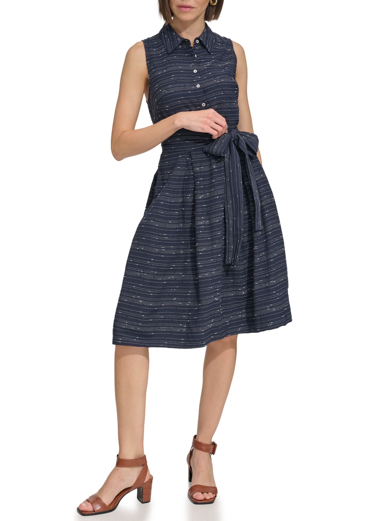 Womens Sleeveless Belted Gauze Shirtdress