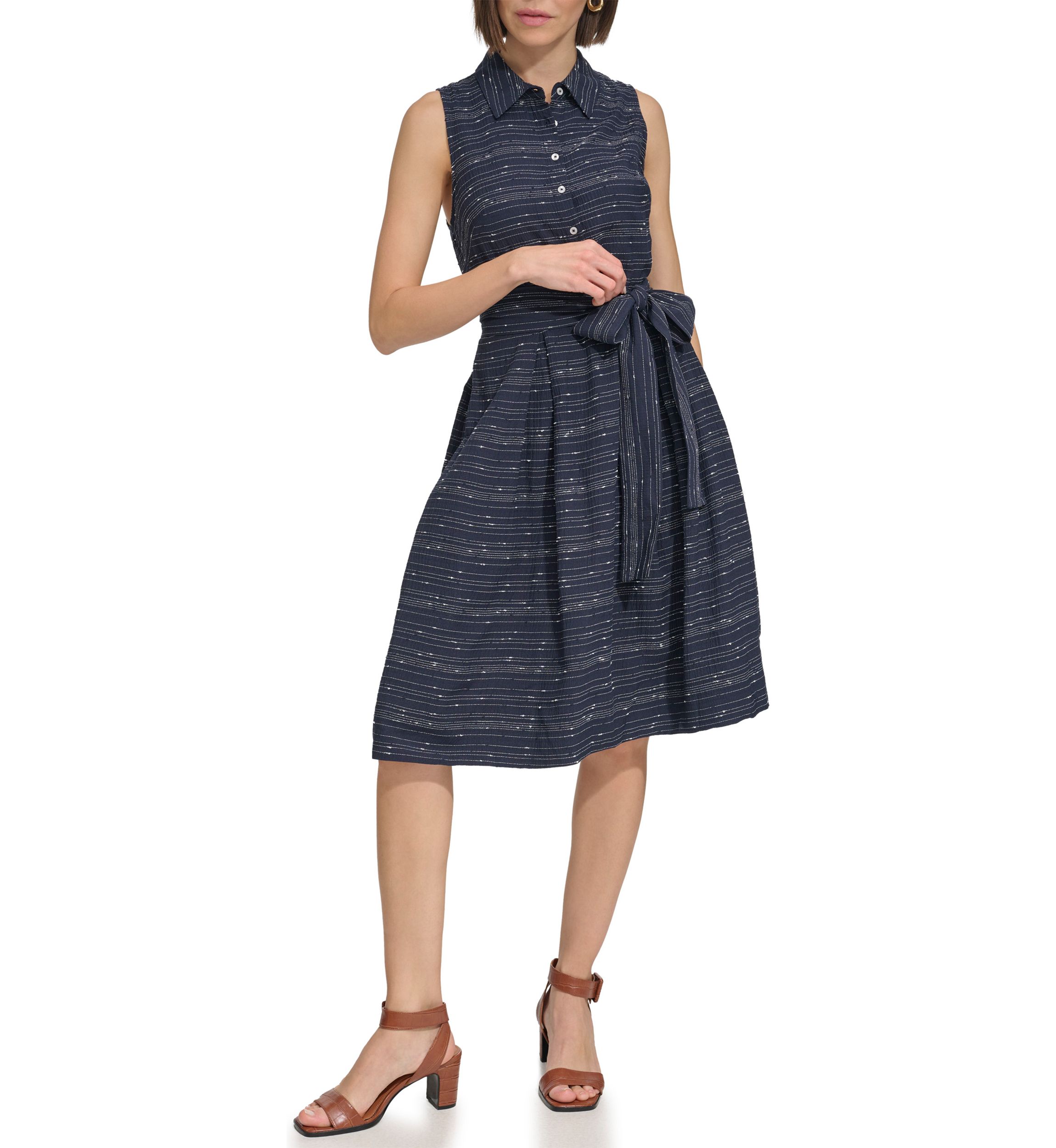 Womens Sleeveless Belted Gauze Shirtdress