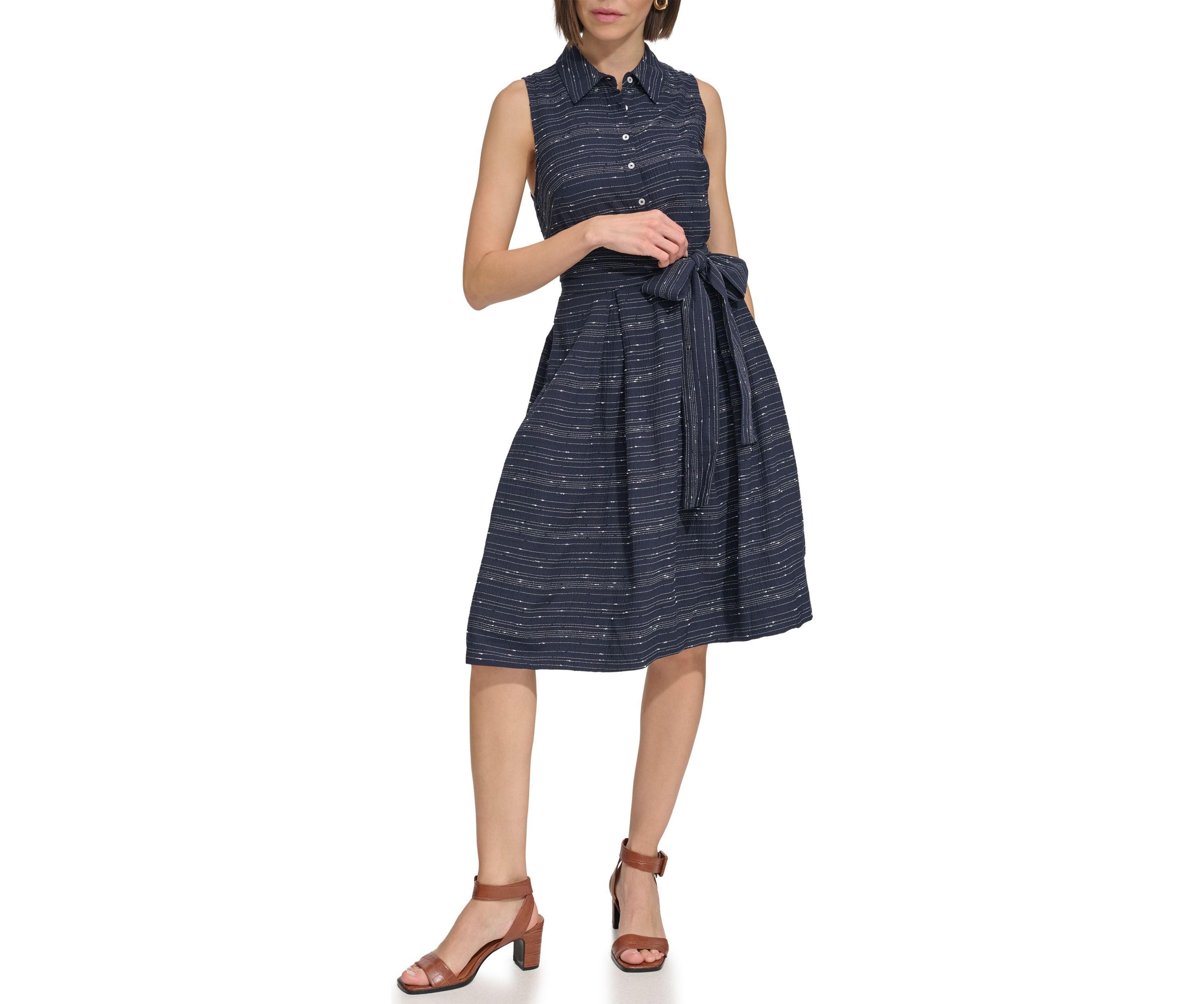 Womens Sleeveless Belted Gauze Shirtdress