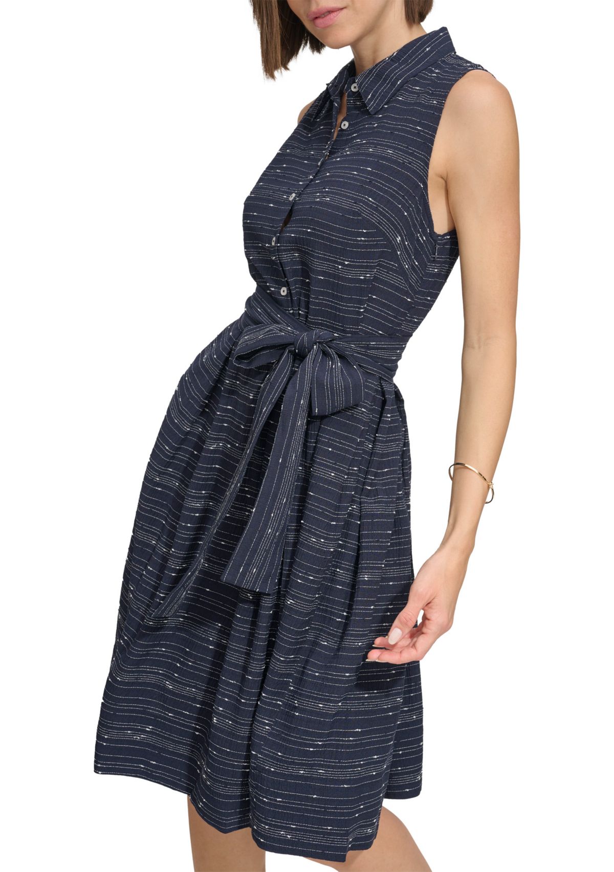 Womens Sleeveless Belted Gauze Shirtdress
