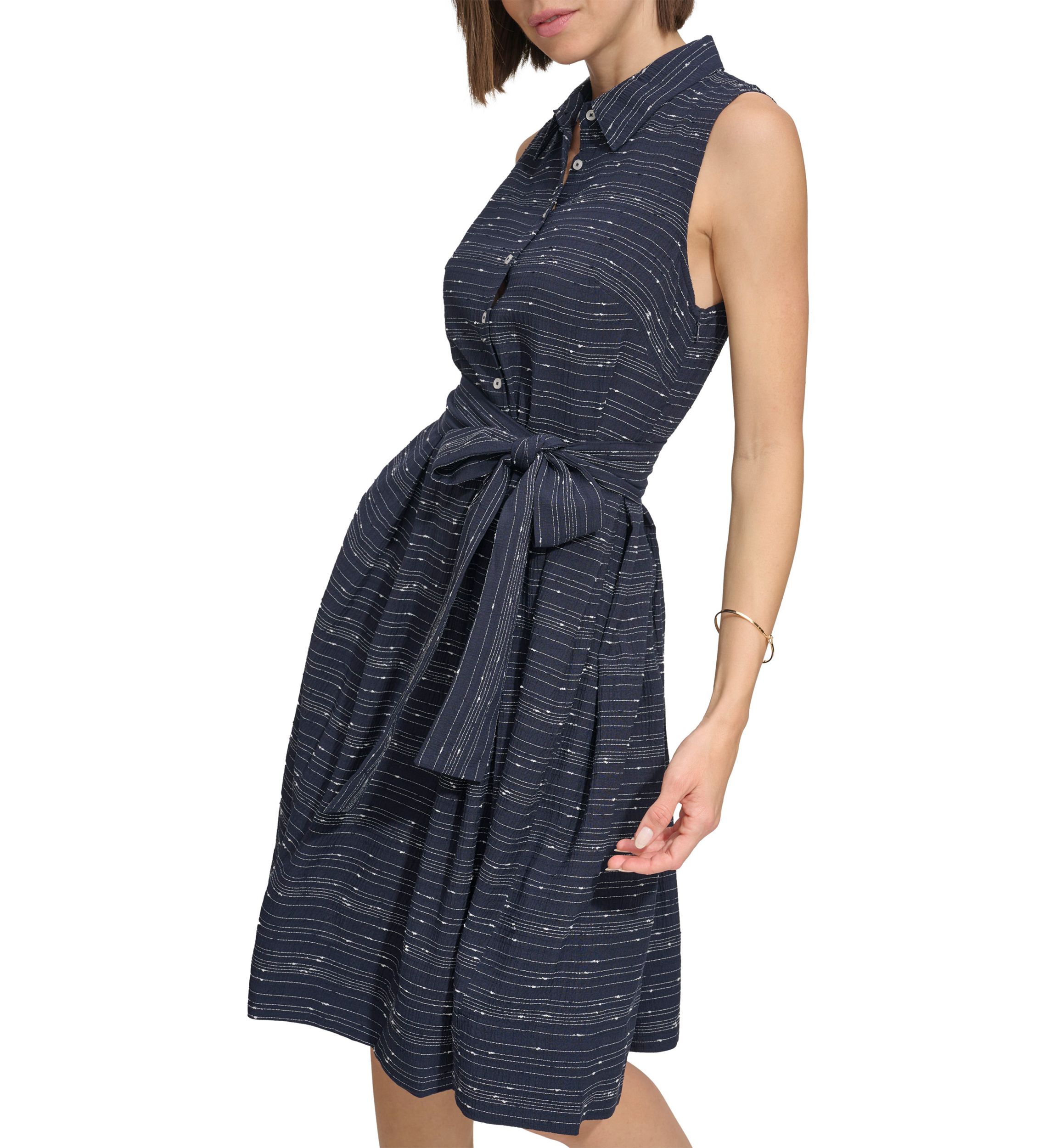 Womens Sleeveless Belted Gauze Shirtdress