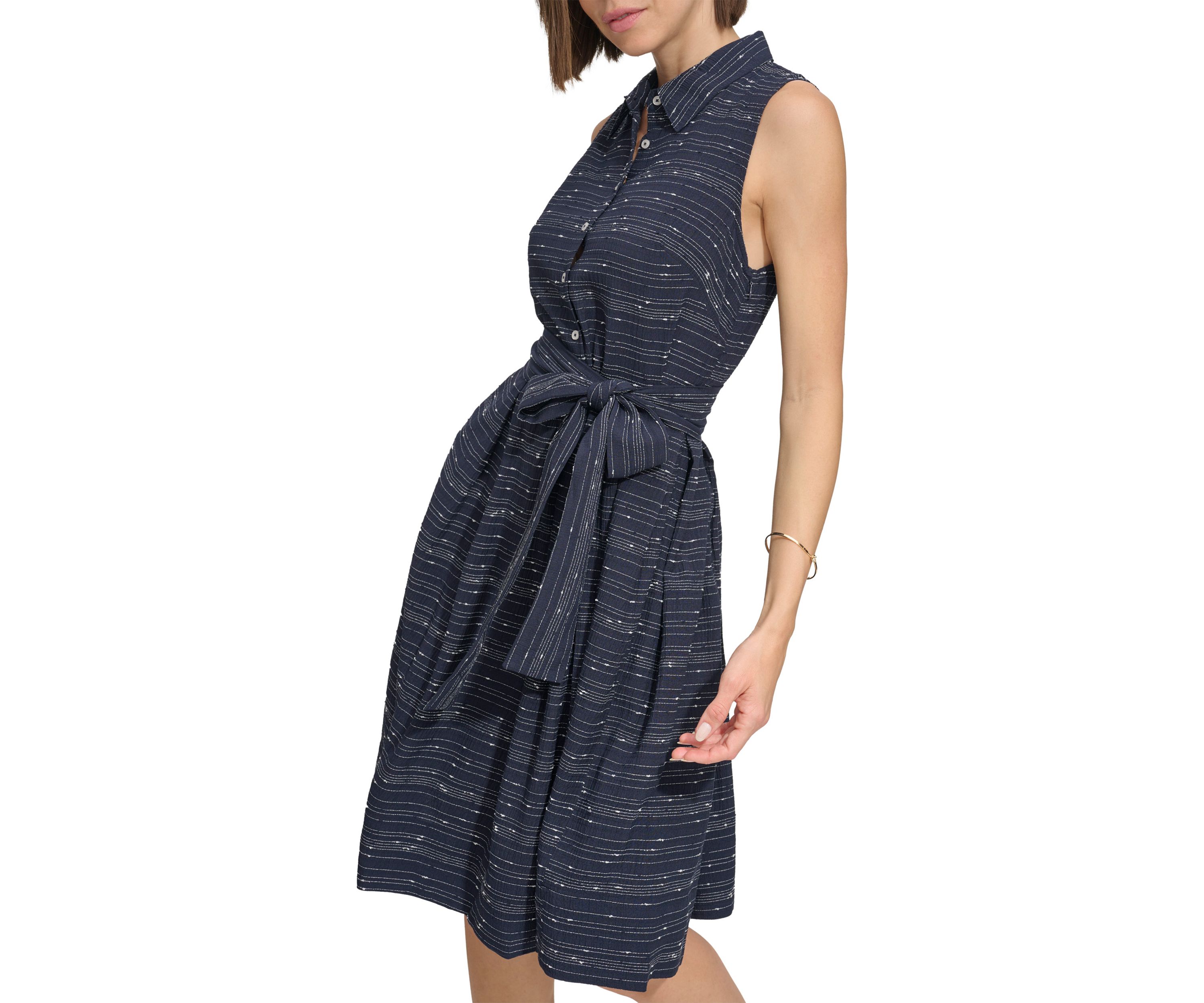 Womens Sleeveless Belted Gauze Shirtdress