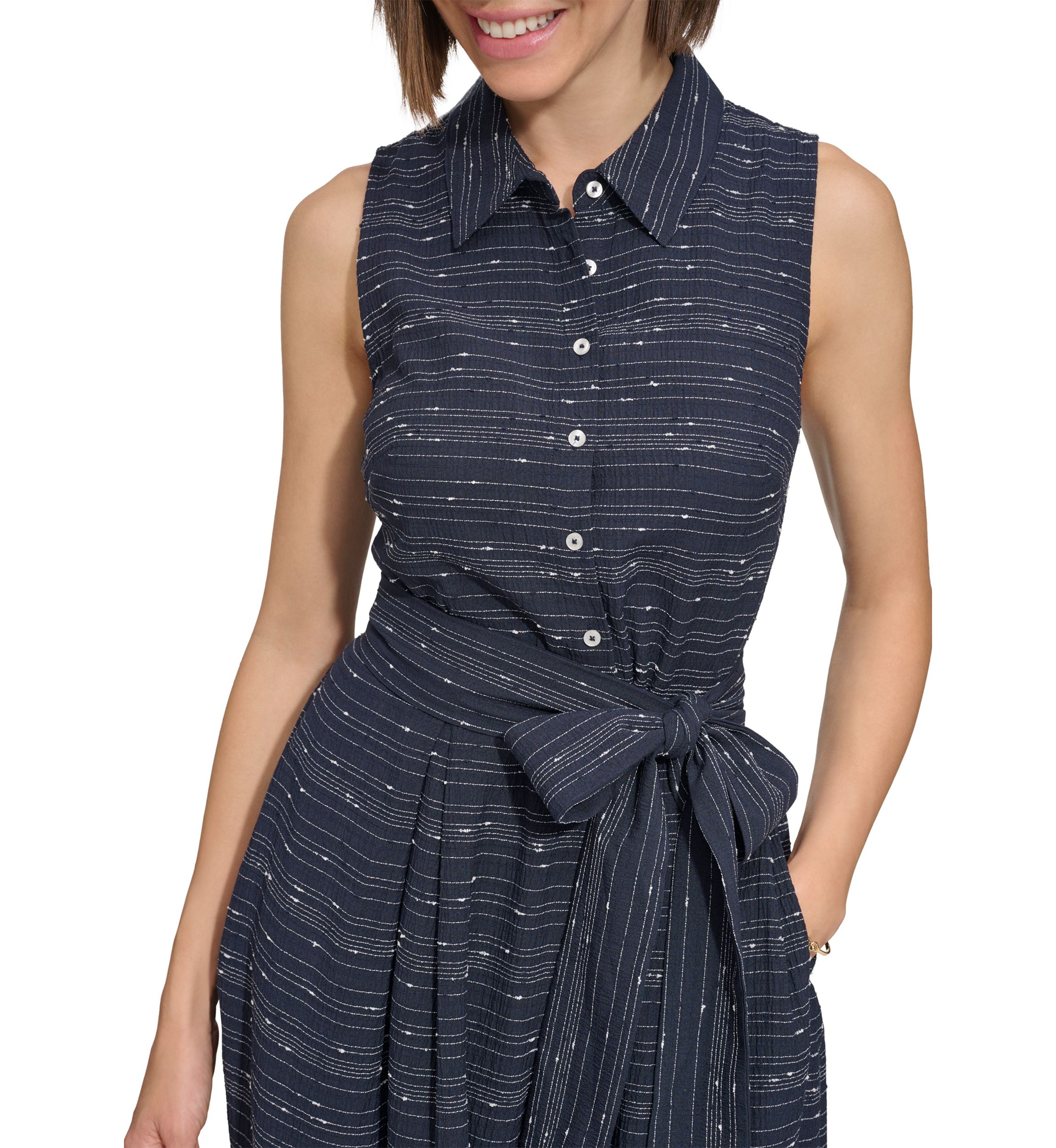 Womens Sleeveless Belted Gauze Shirtdress