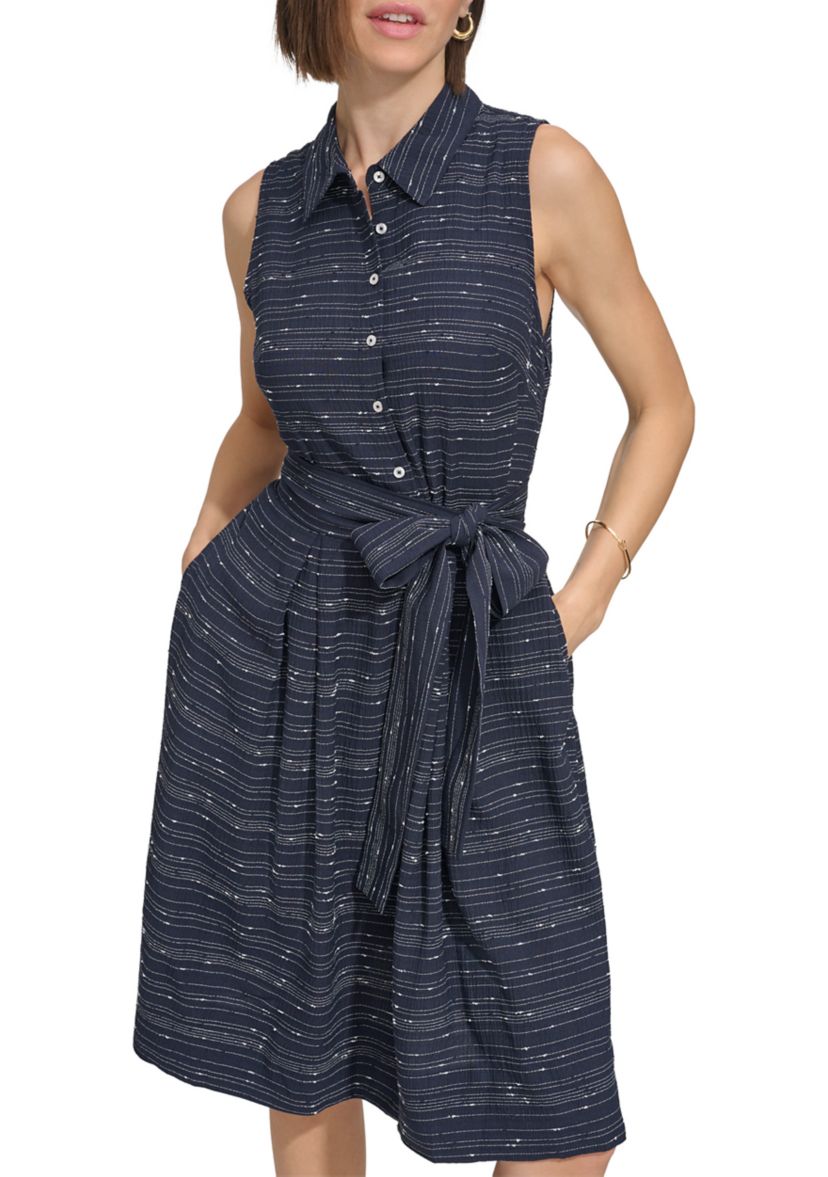 Womens Sleeveless Belted Gauze Shirtdress