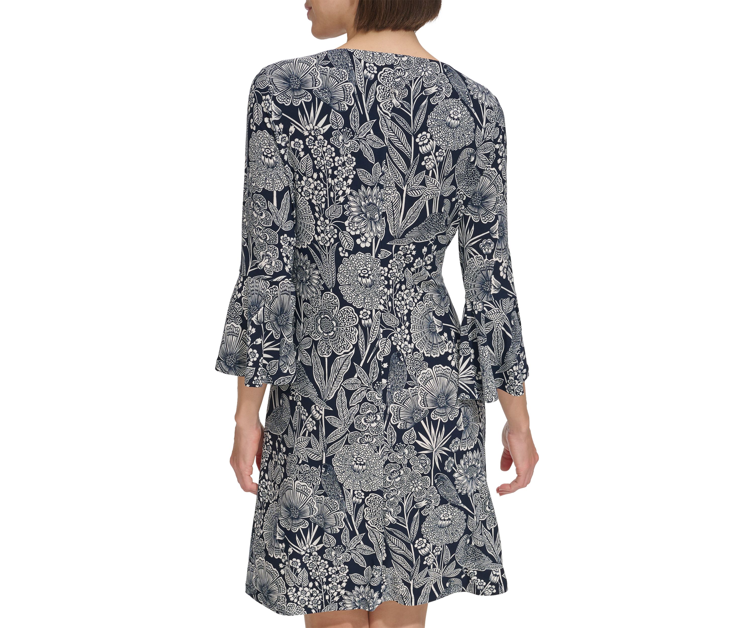 Womens Bell Sleeve Parakeet Park Jersey Shift Dress