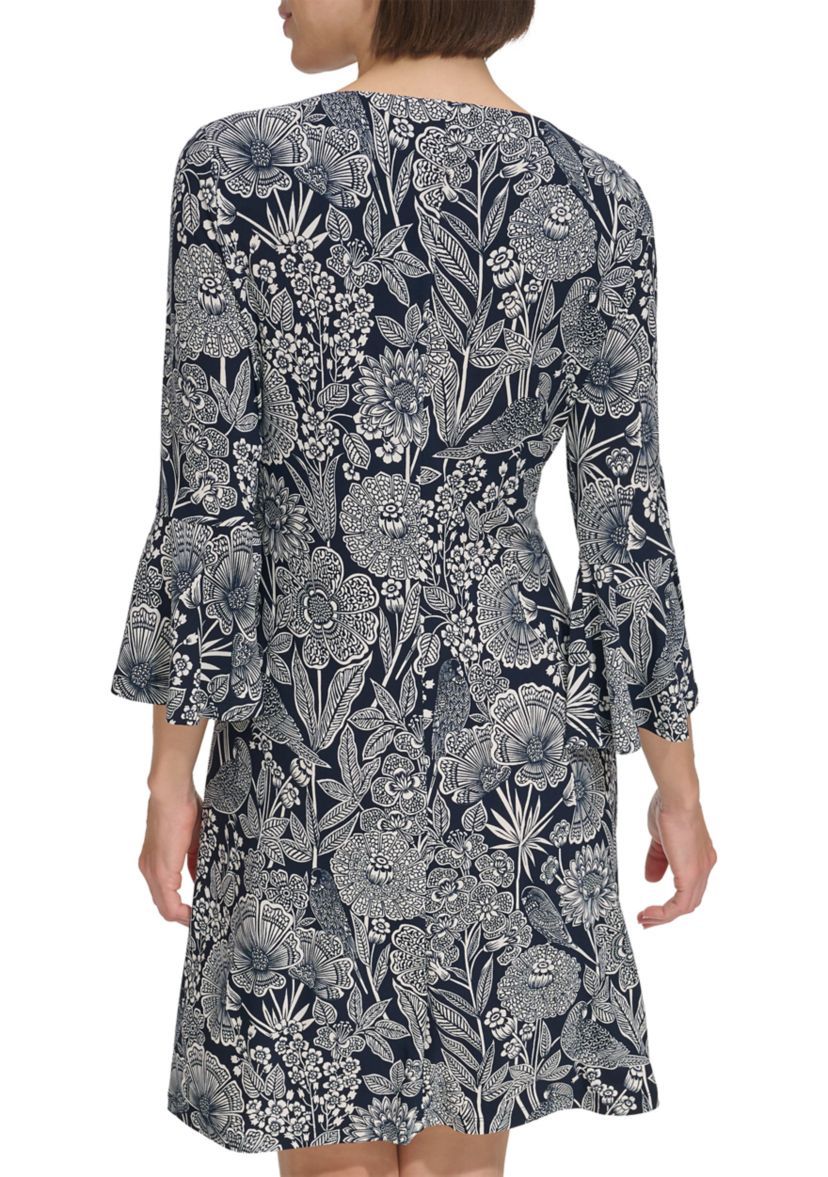 Womens Bell Sleeve Parakeet Park Jersey Shift Dress
